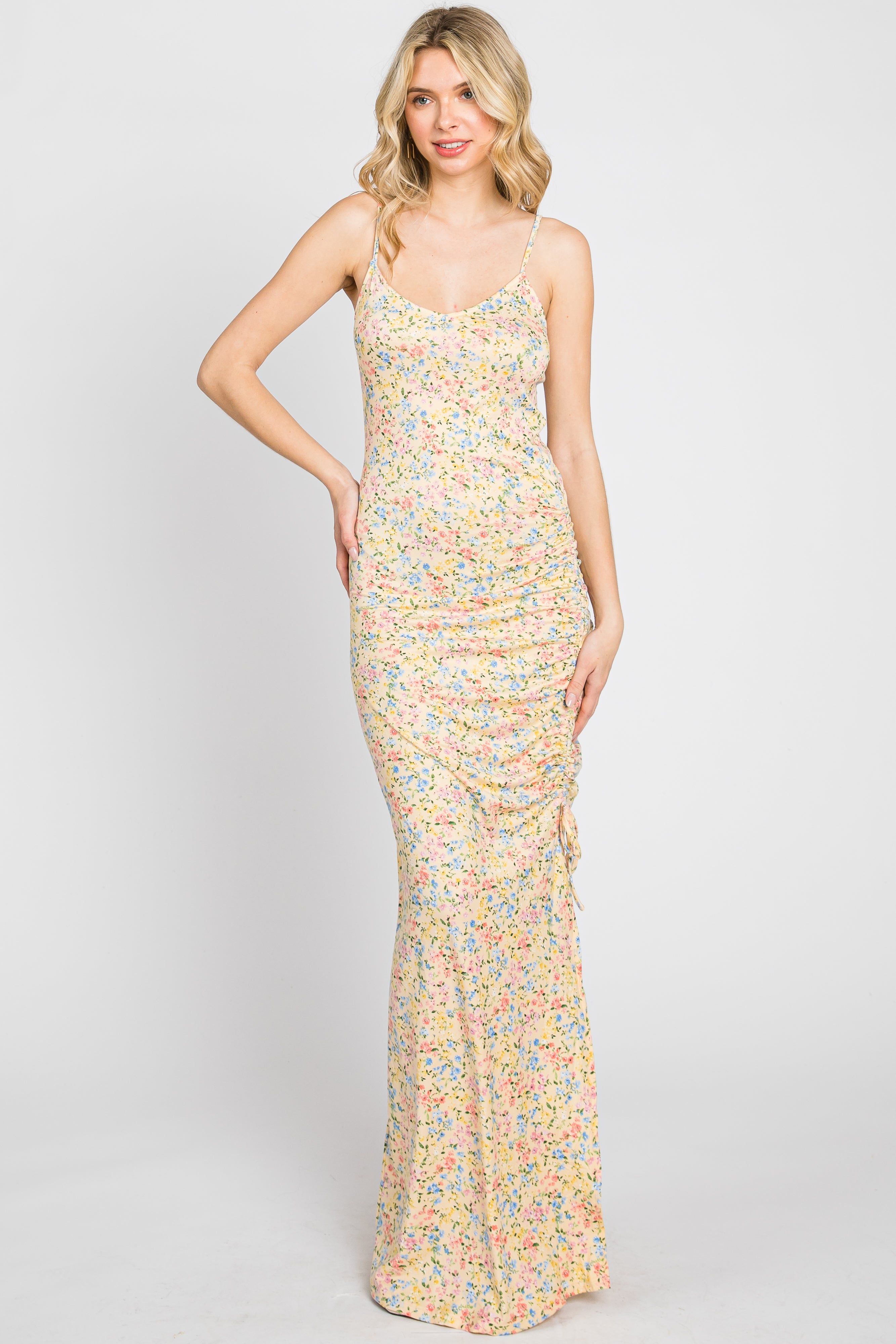 Yellow Floral Side Slit Ruched Maxi Dress sold by Pinkblush product image thumbnail 2