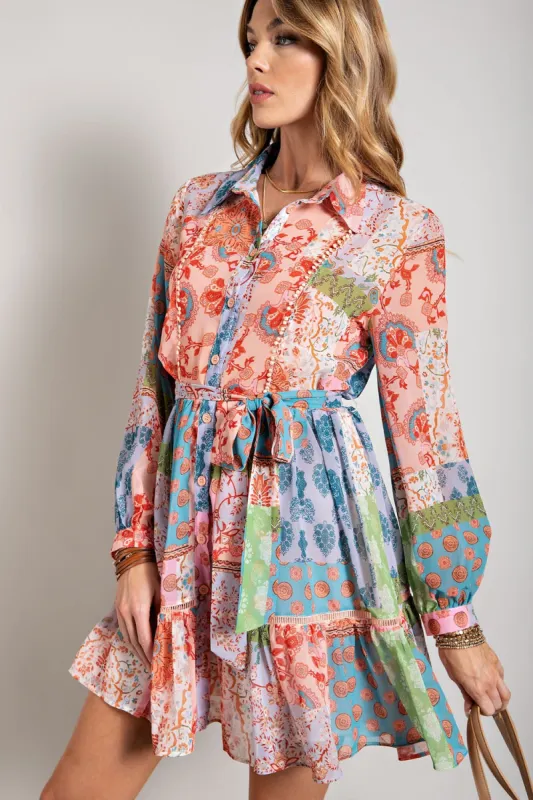 Multi Color Flower Print Long Sleeve Shirt Dress sold by Pinkblush