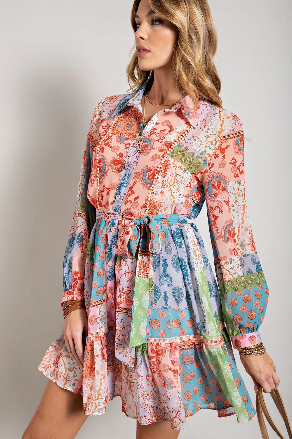 Multi Color Flower Print Long Sleeve Shirt Dress sold by Pinkblush