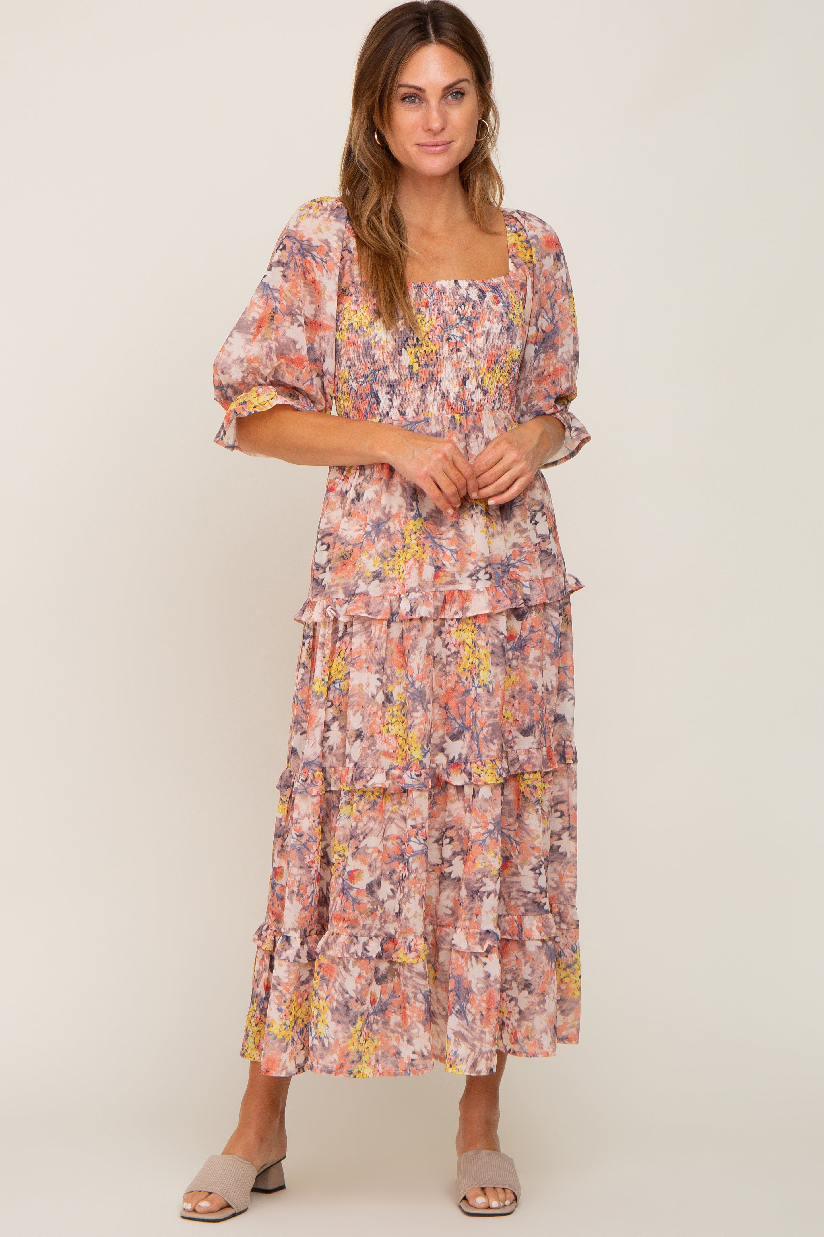 Taupe Floral Watercolor Print Tiered Midi Dress sold by Pinkblush product image thumbnail 4