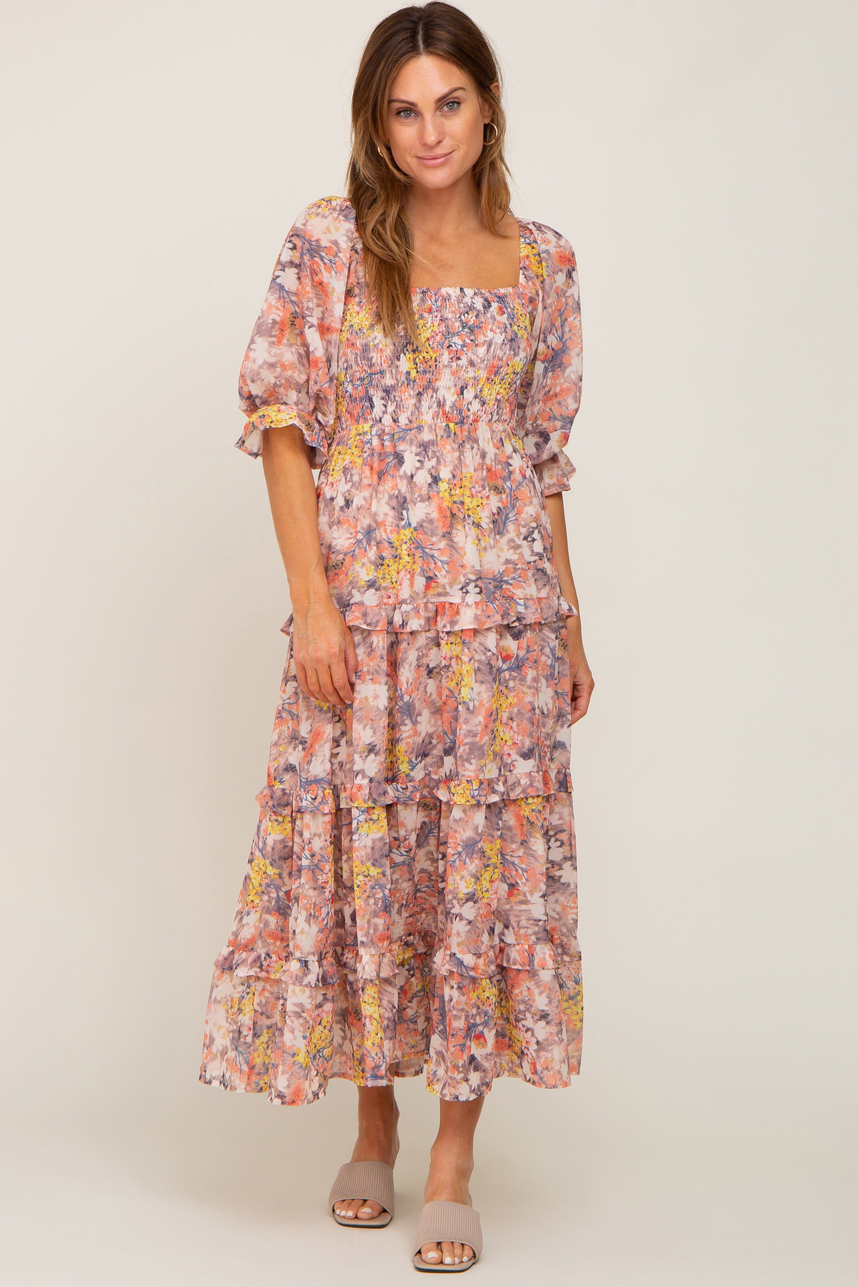 Taupe Floral Watercolor Print Tiered Midi Dress sold by Pinkblush