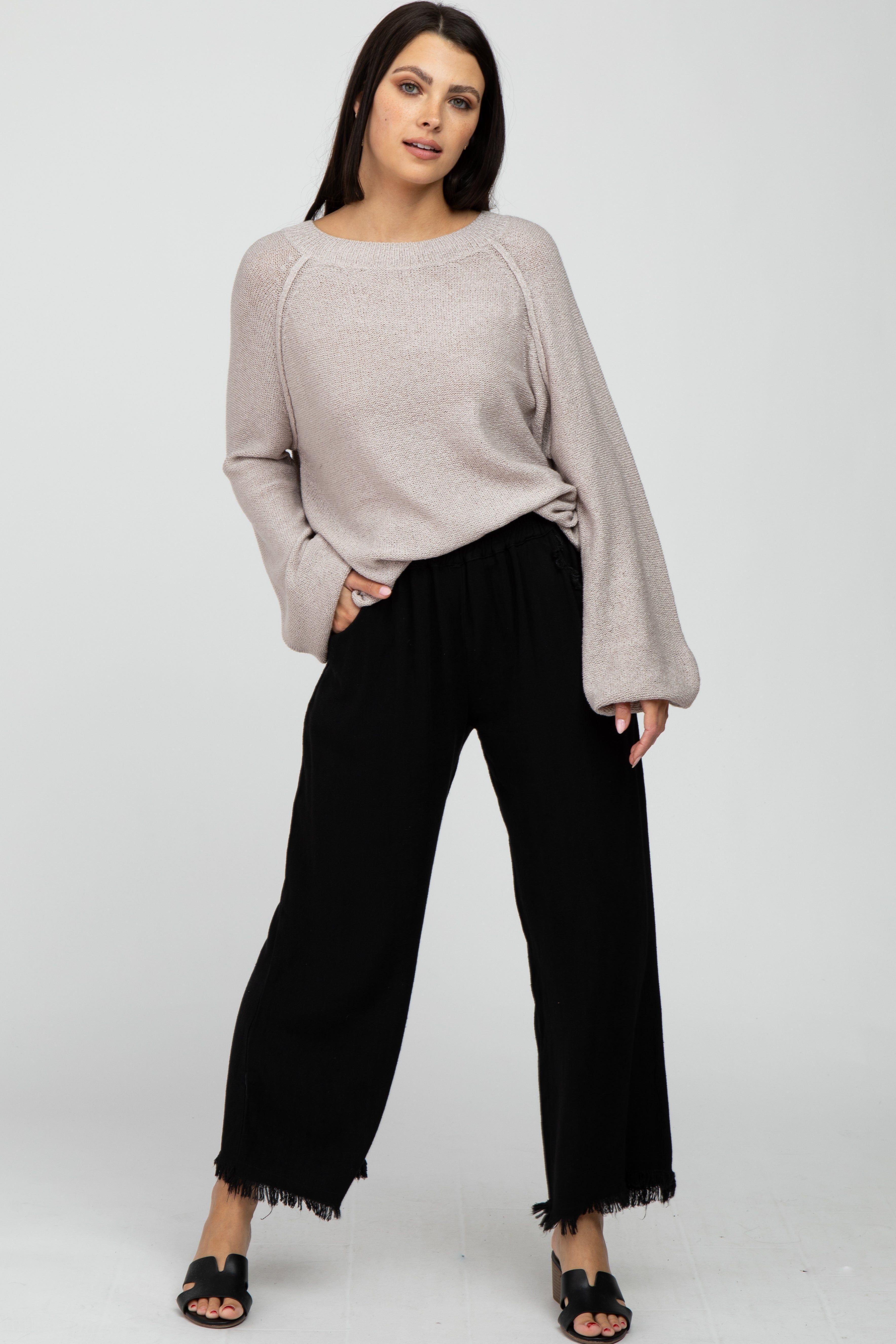 Black Linen Frayed Hem Crop Pants sold by Pinkblush