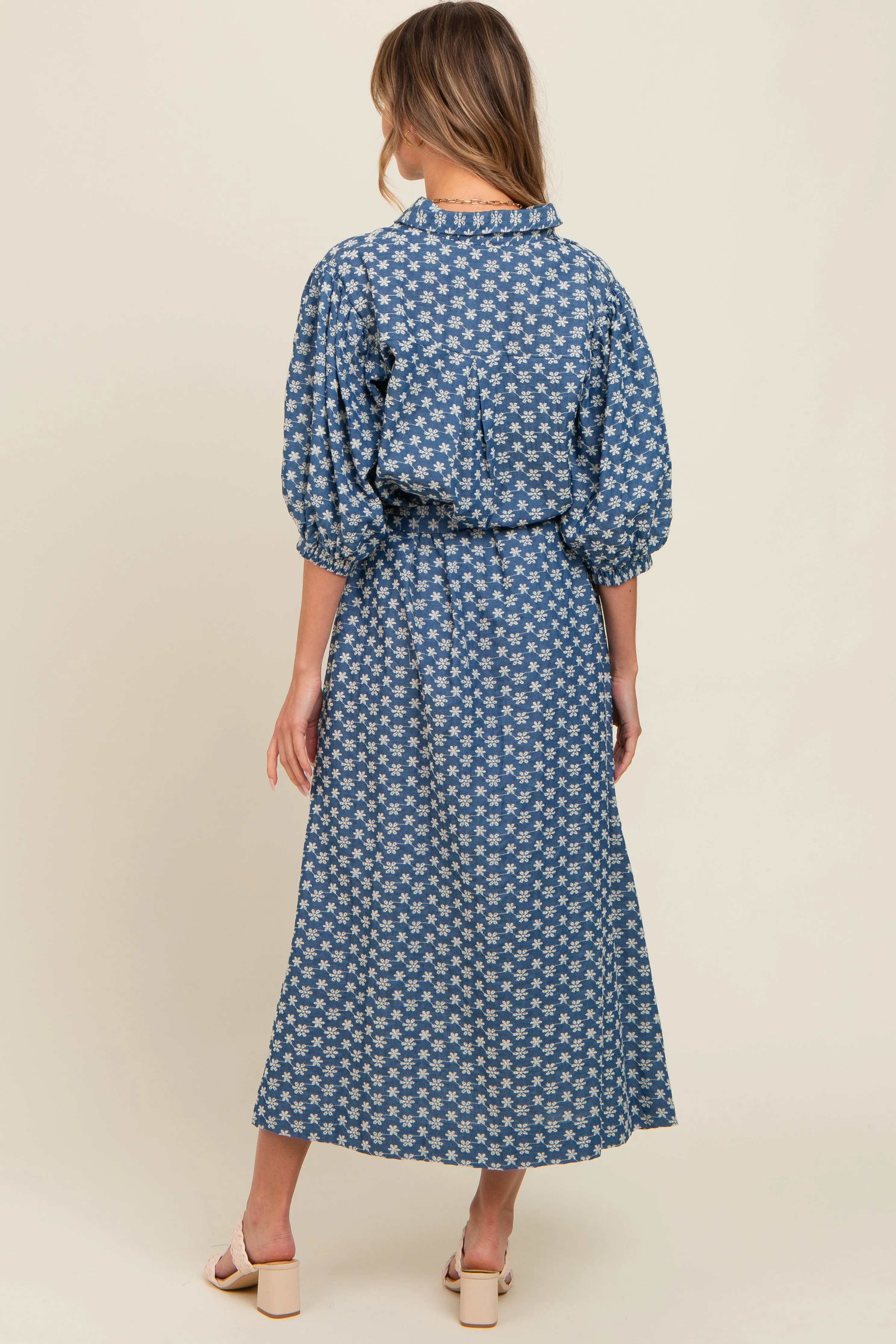 Navy Floral Embroidered Button Down Chambray Maxi Dress sold by Pinkblush product image thumbnail 2