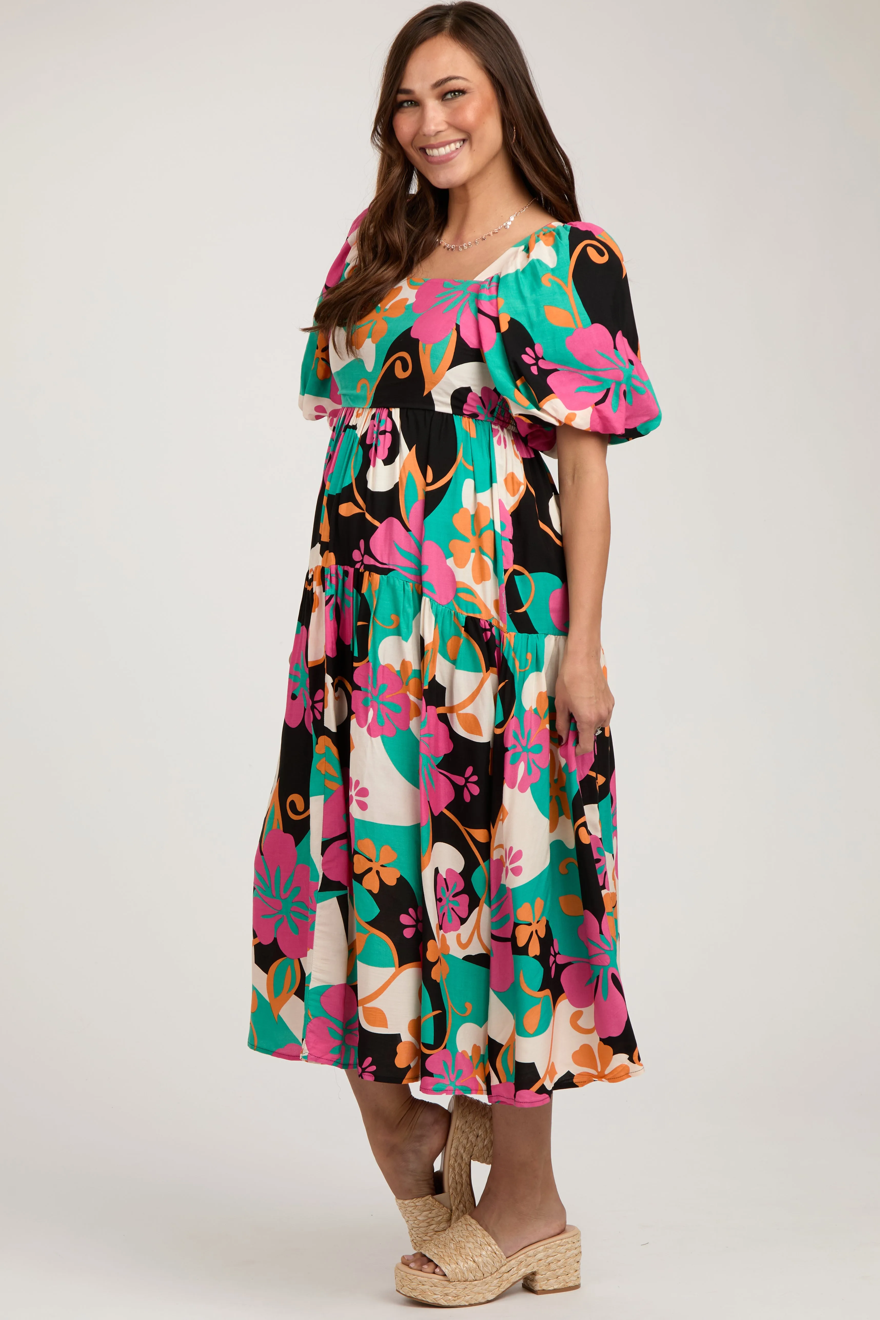 Black Floral Tiered Puff Sleeve Maternity Midi Dress sold by Pinkblush product image thumbnail 4