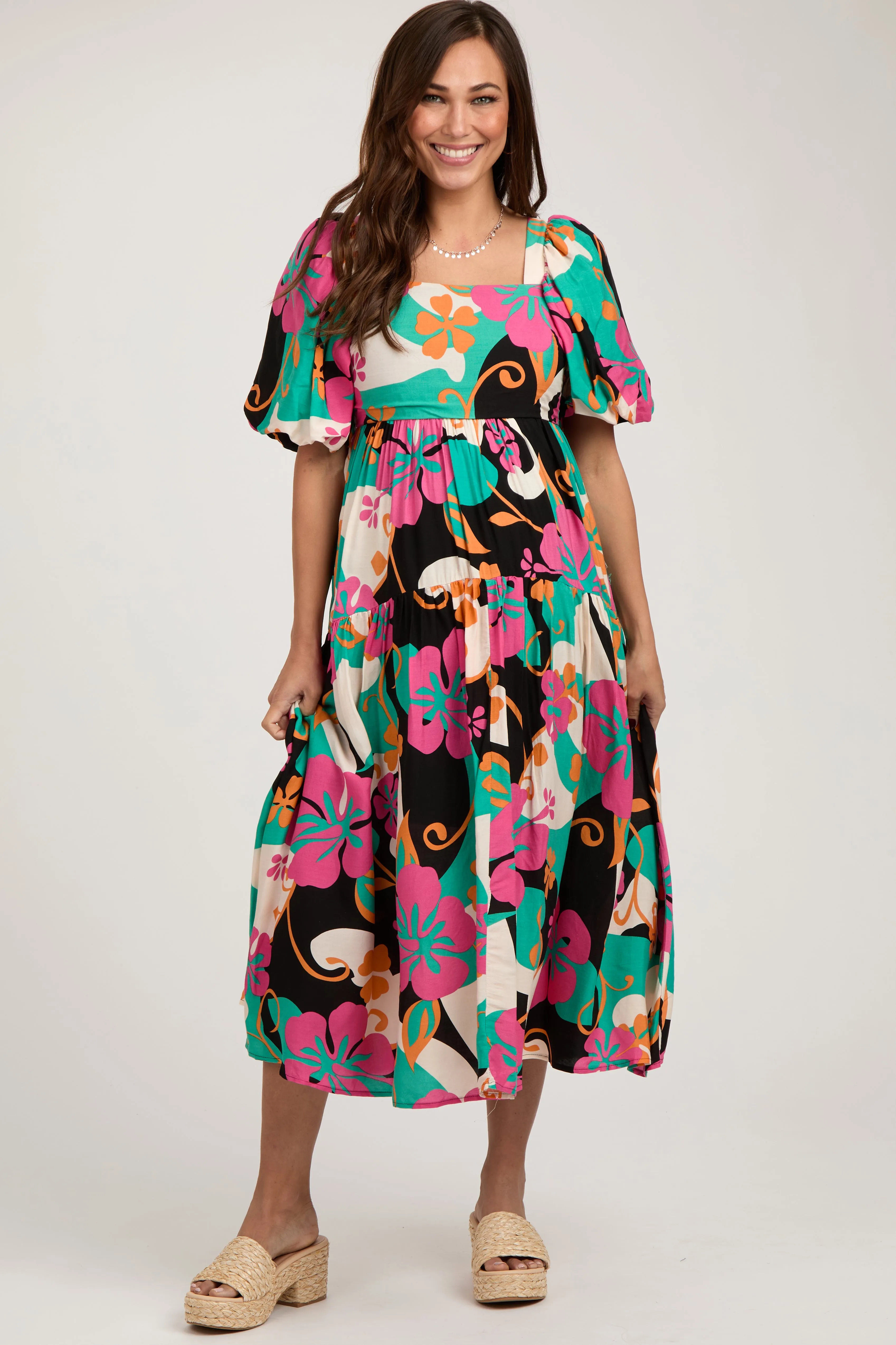 Black Floral Tiered Puff Sleeve Maternity Midi Dress sold by Pinkblush
