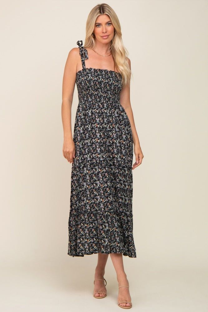Black Floral Smocked Maxi Dress sold by Pinkblush