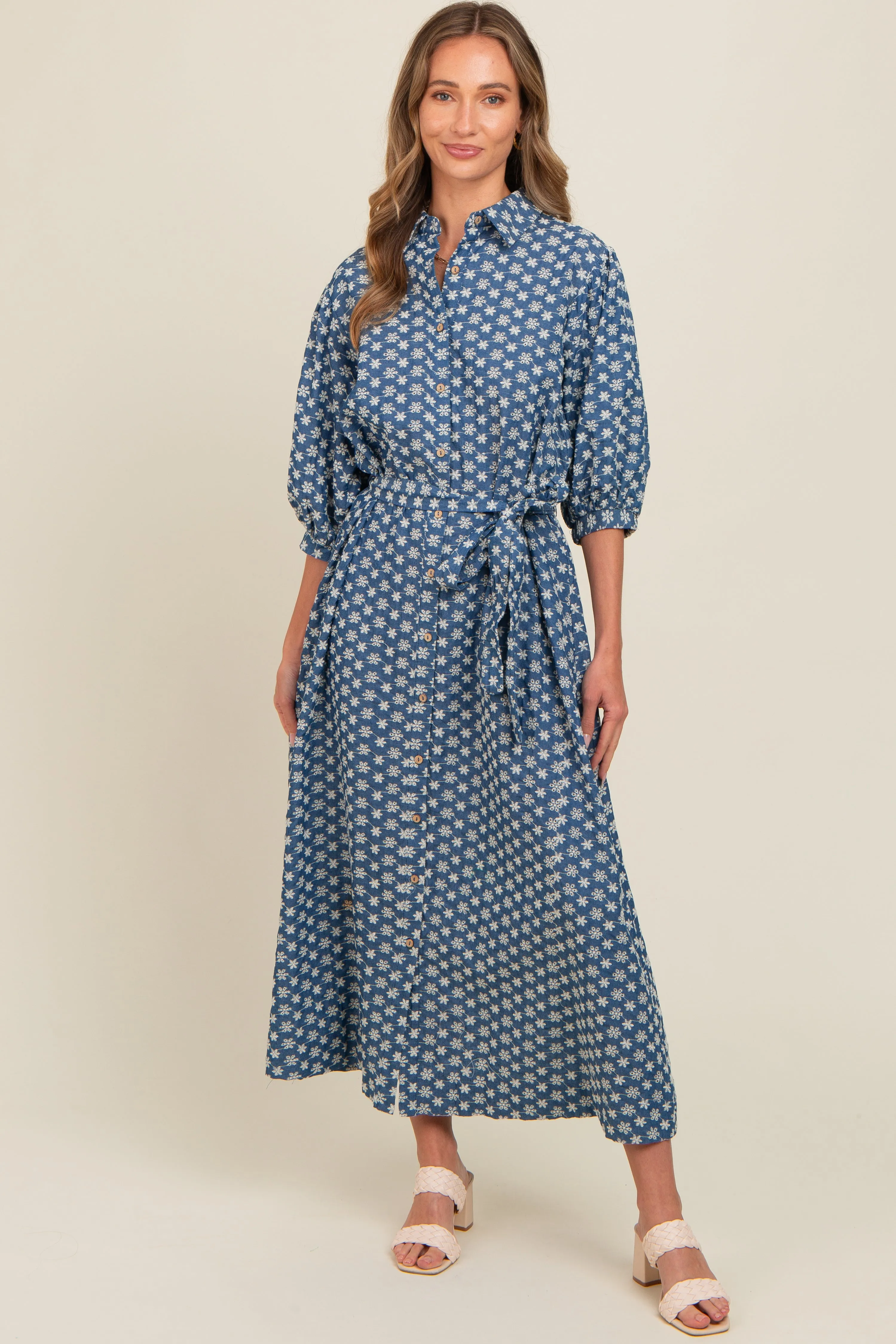 Navy Floral Embroidered Button Down Chambray Maxi Dress sold by Pinkblush