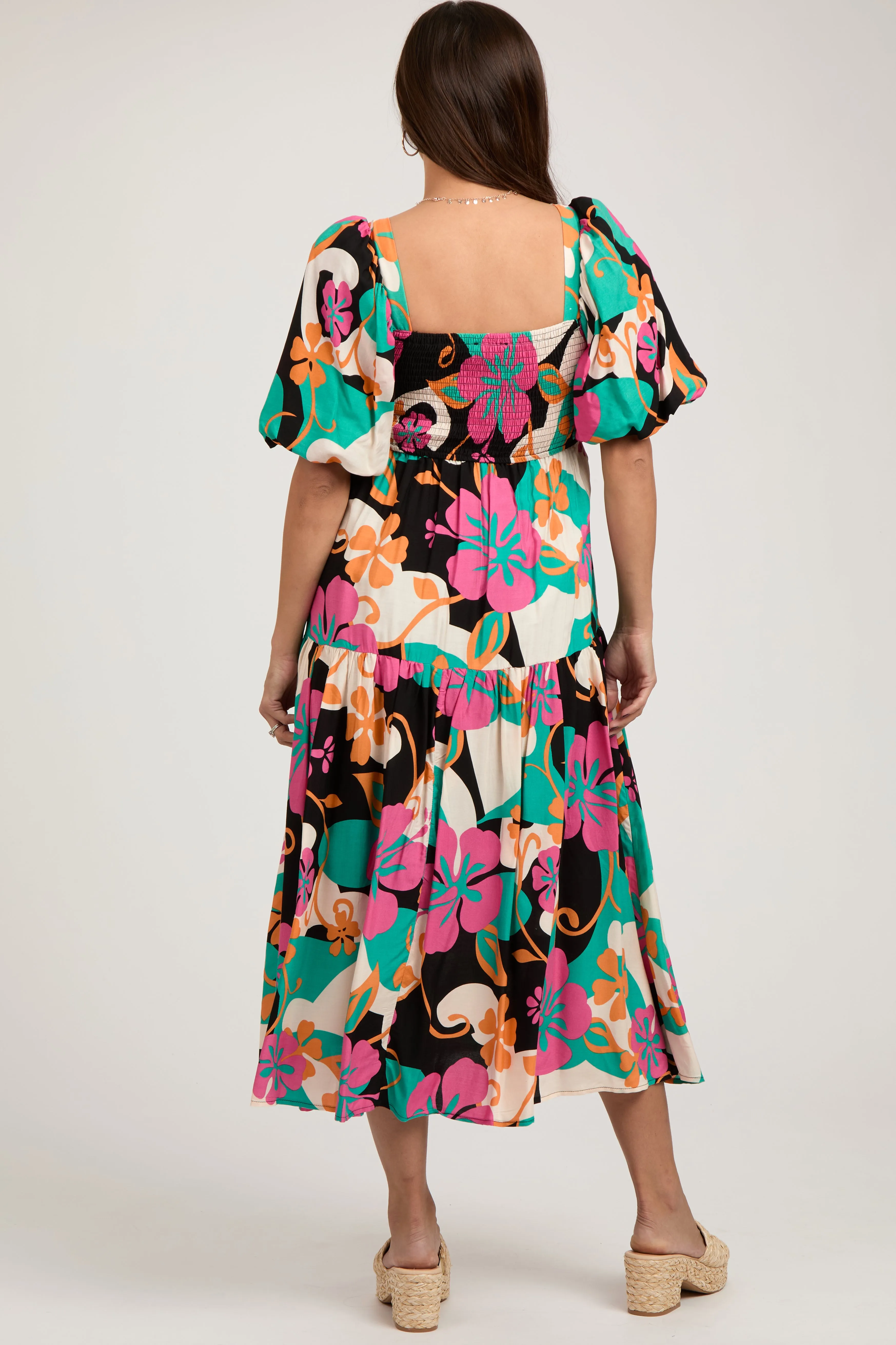 Black Floral Tiered Puff Sleeve Maternity Midi Dress sold by Pinkblush product image thumbnail 5