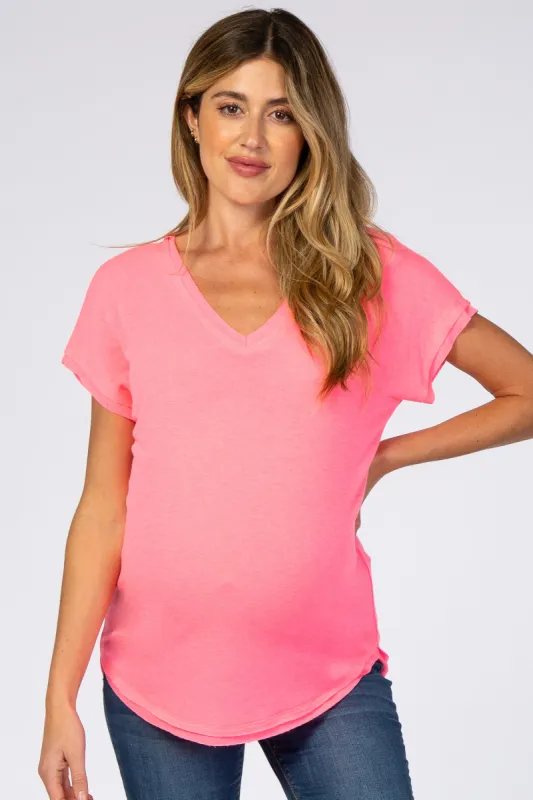 Neon Pink V-Neck Raw Hem Maternity Short Sleeve Top sold by Pinkblush