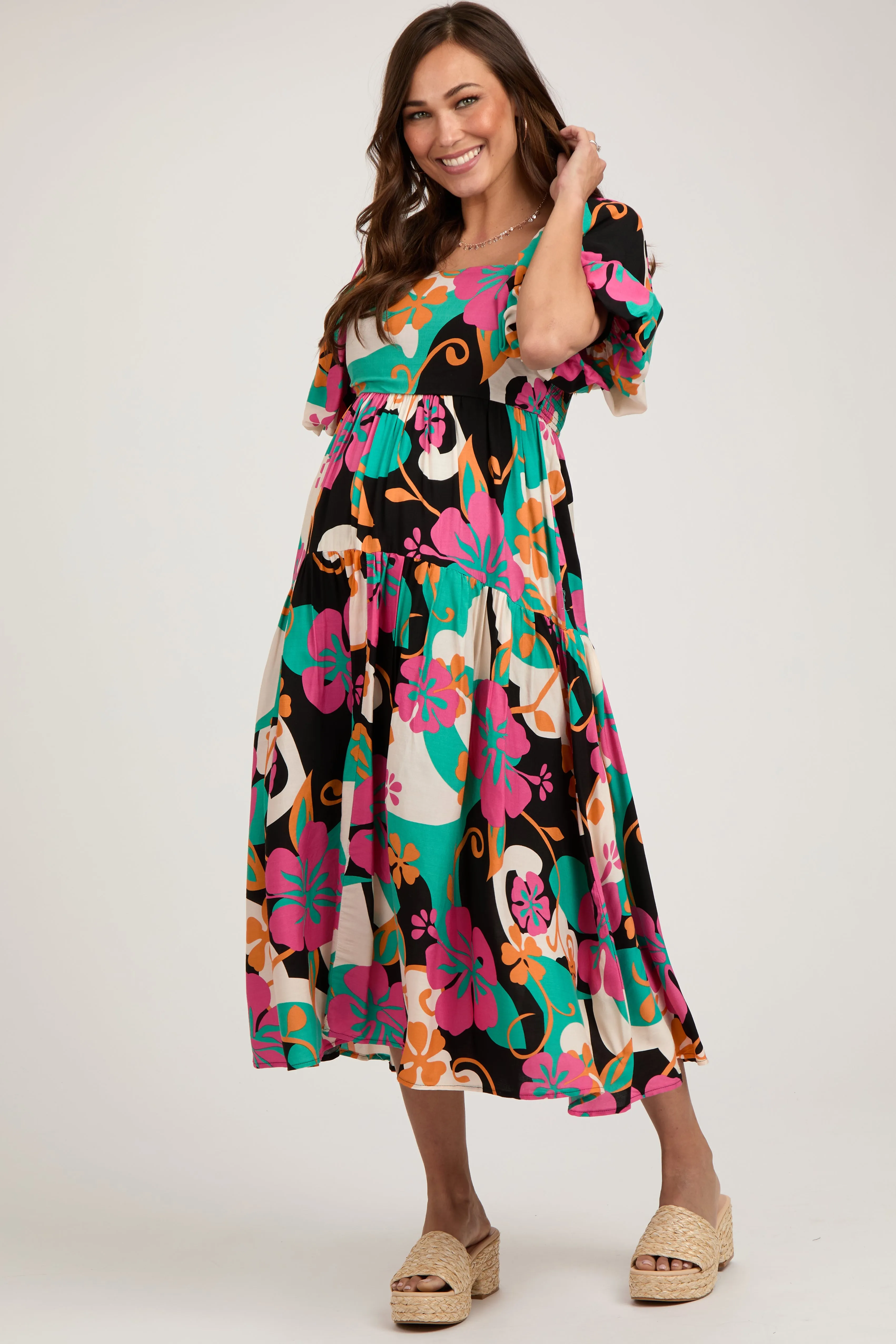 Black Floral Tiered Puff Sleeve Maternity Midi Dress sold by Pinkblush product image thumbnail 2
