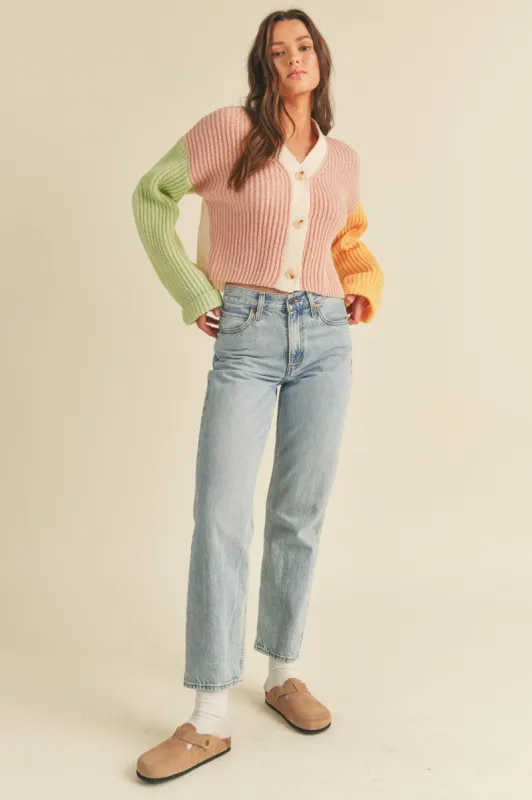 Pink Multi Color Block Knit Sweater Cardigan sold by Pinkblush