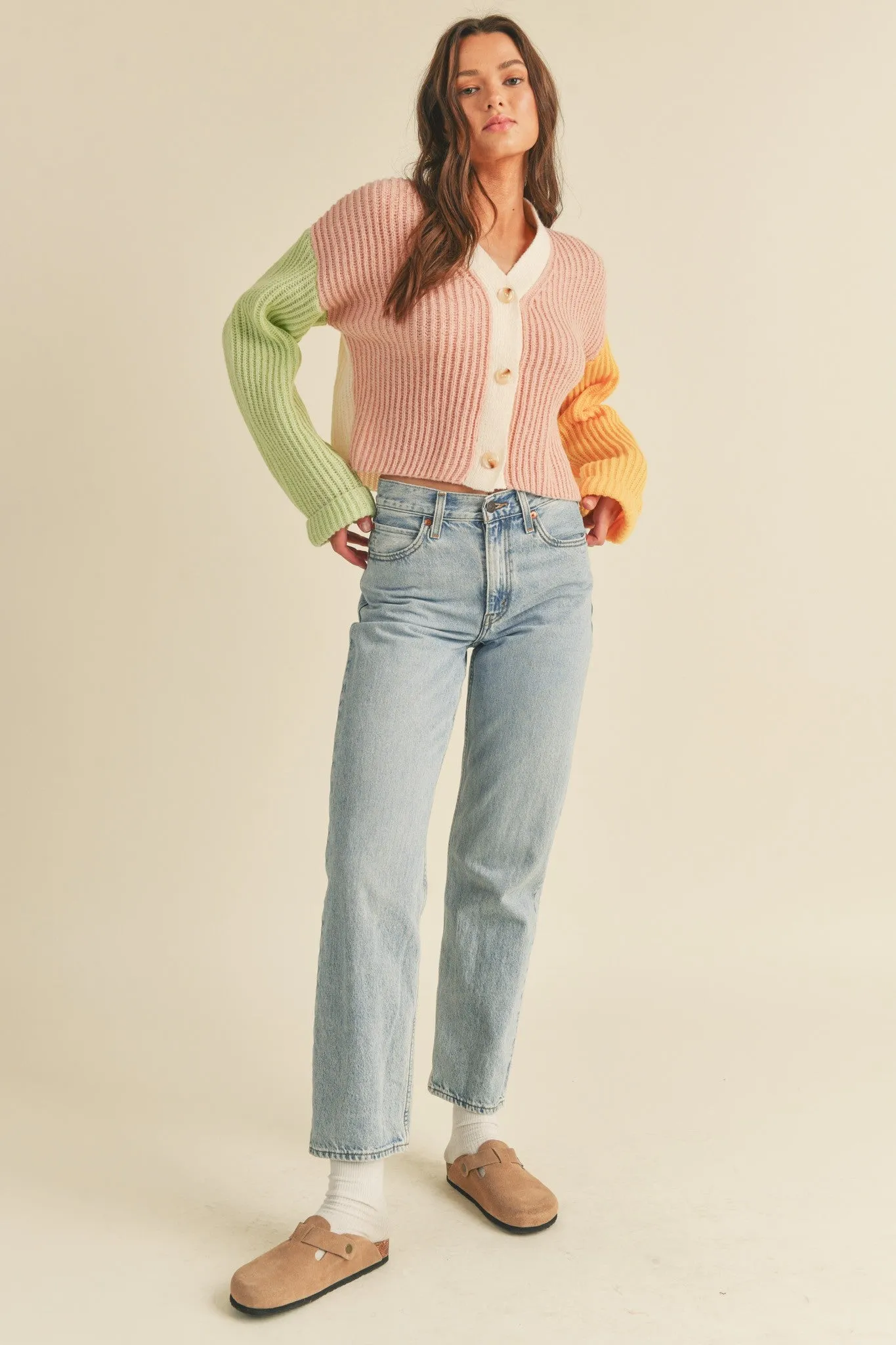 Pink Multi Color Block Knit Sweater Cardigan sold by Pinkblush