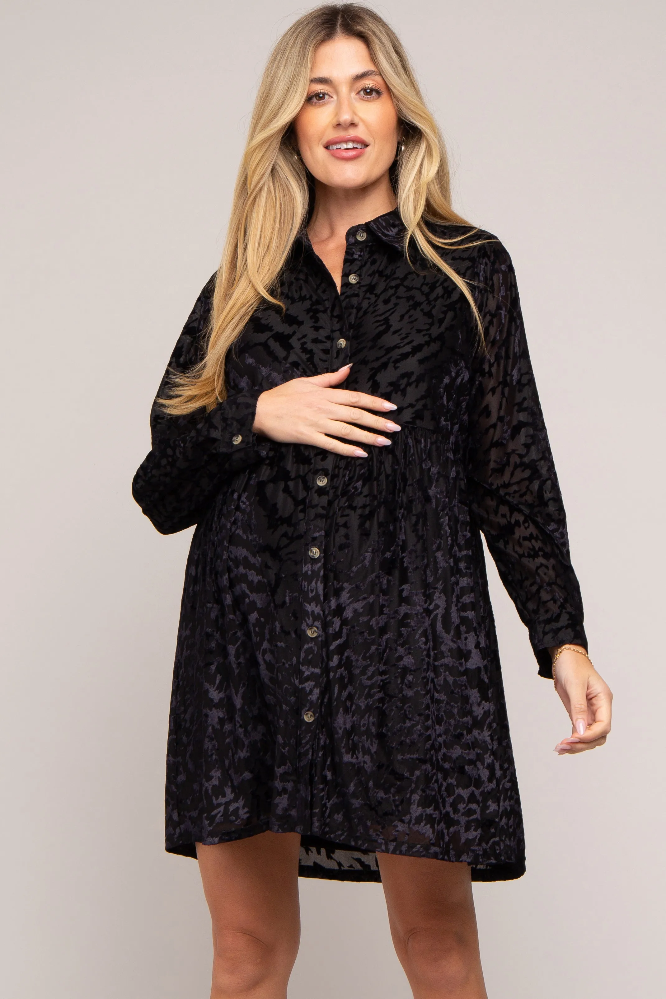 Black Burnout Velvet Maternity Button Up Dress sold by Pinkblush product image thumbnail 2