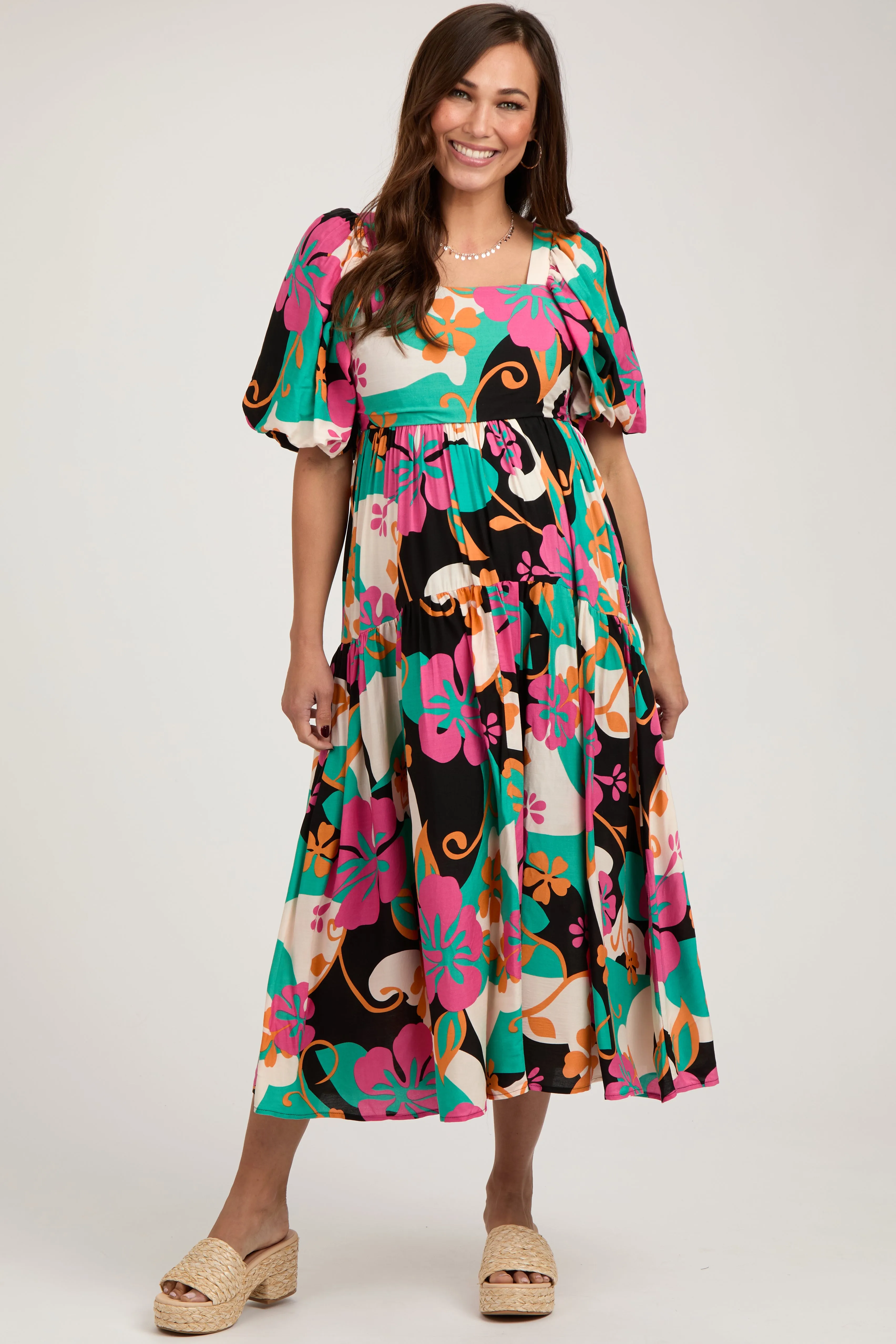 Black Floral Tiered Puff Sleeve Maternity Midi Dress sold by Pinkblush product image thumbnail 3