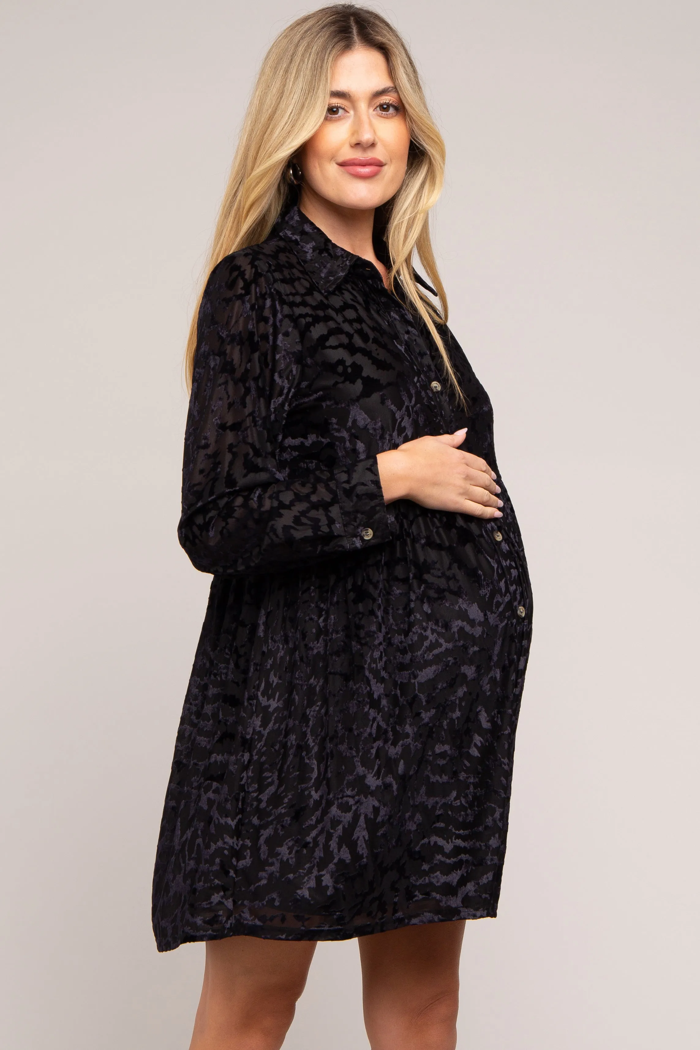 Black Burnout Velvet Maternity Button Up Dress sold by Pinkblush product image thumbnail 3