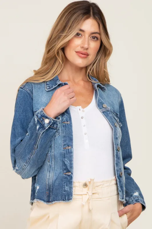 Navy Blue Distressed Cropped Maternity Denim Jacket sold by Pinkblush
