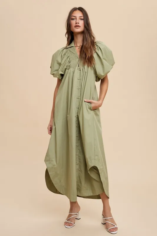 Sage Smock Detail Puff Sleeve Midi Dress sold by Pinkblush