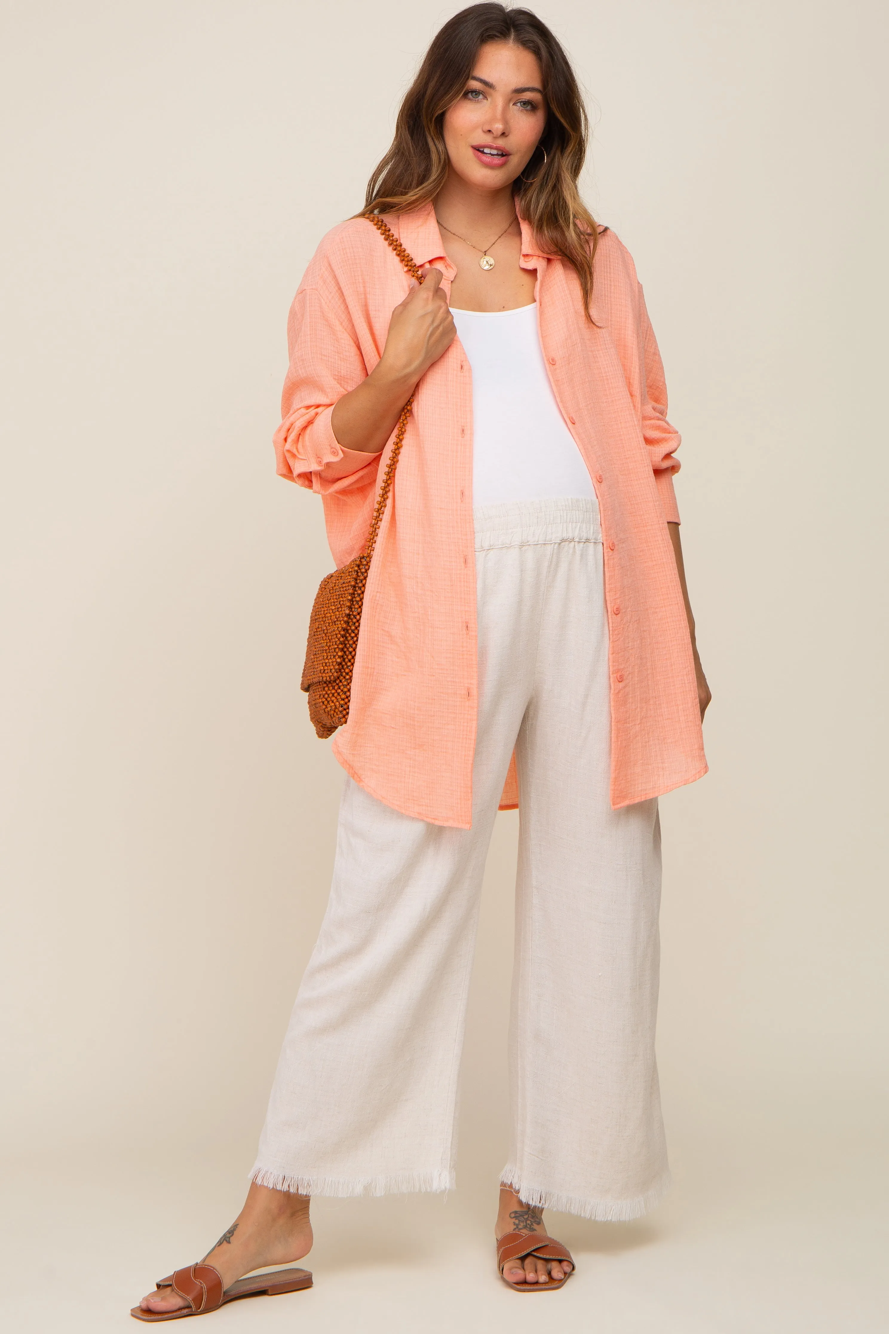 Peach Lightweight Sheer Button Down Maternity Blouse sold by Pinkblush product image thumbnail 4