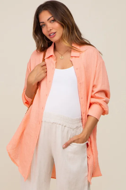 Peach Lightweight Sheer Button Down Maternity Blouse sold by Pinkblush