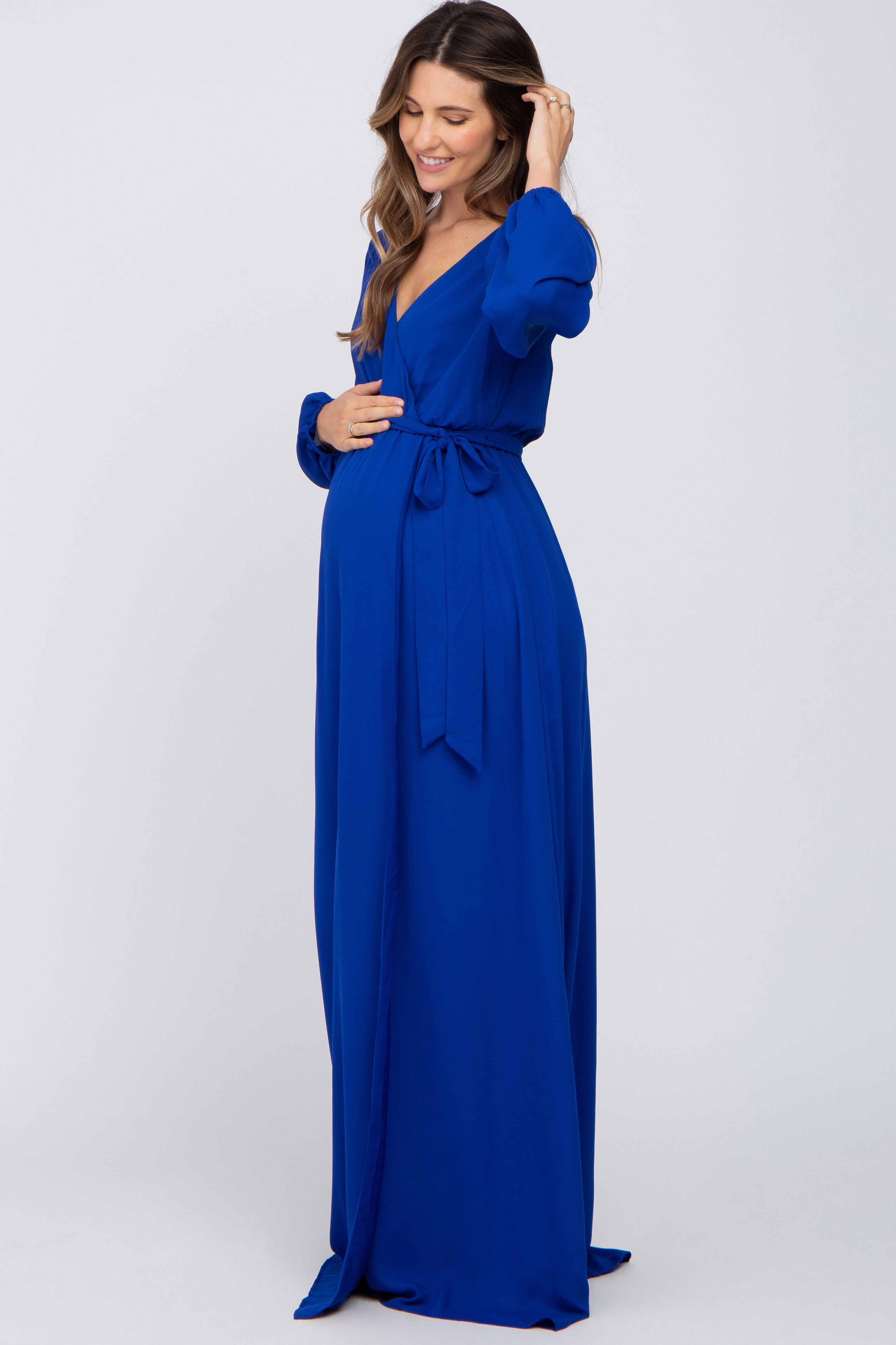 Royal Blue Wrap Front Chiffon Maternity Gown sold by Pinkblush product image thumbnail 2