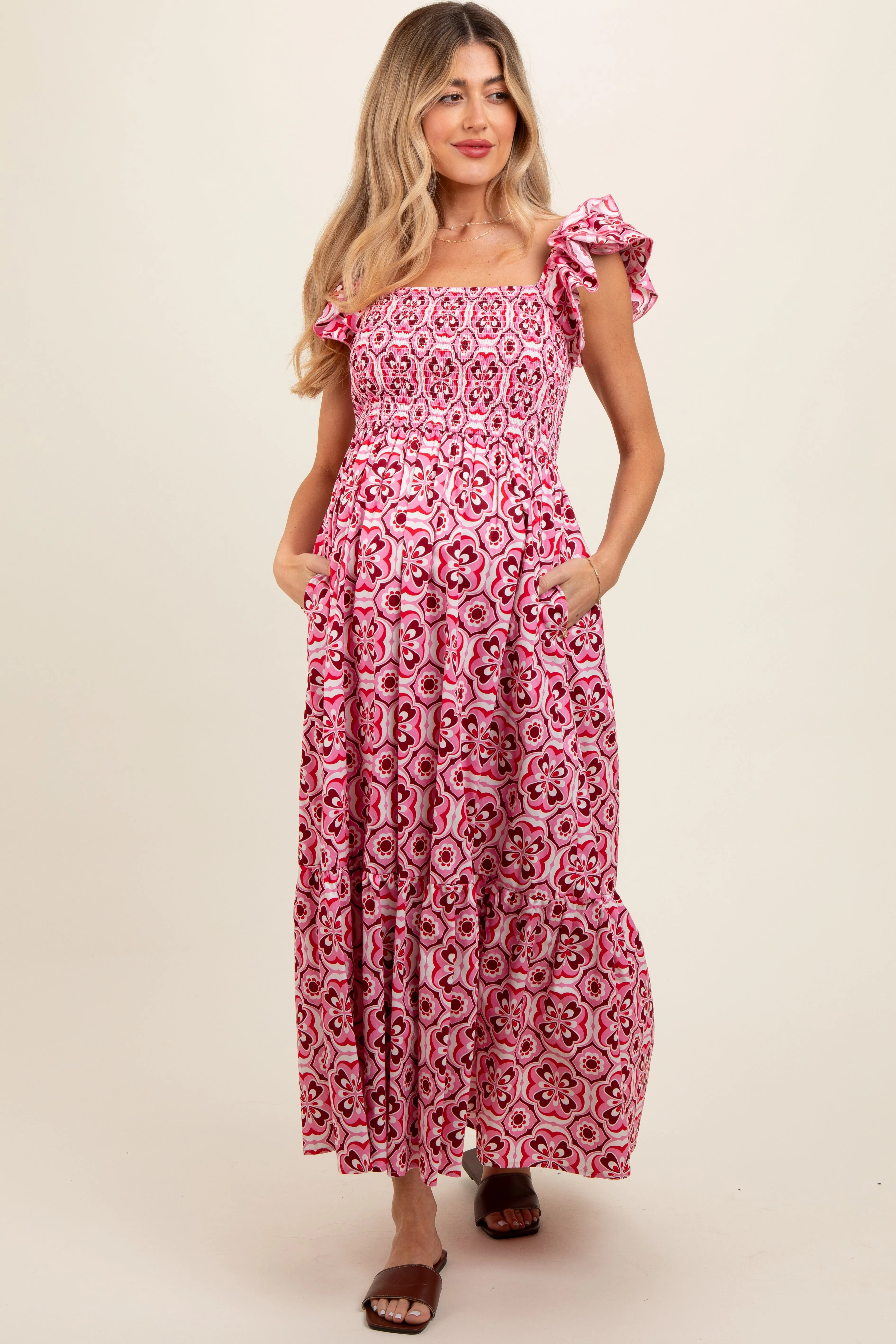 Magenta Floral Smocked Flutter Cap Sleeve Maternity Maxi Dress sold by Pinkblush