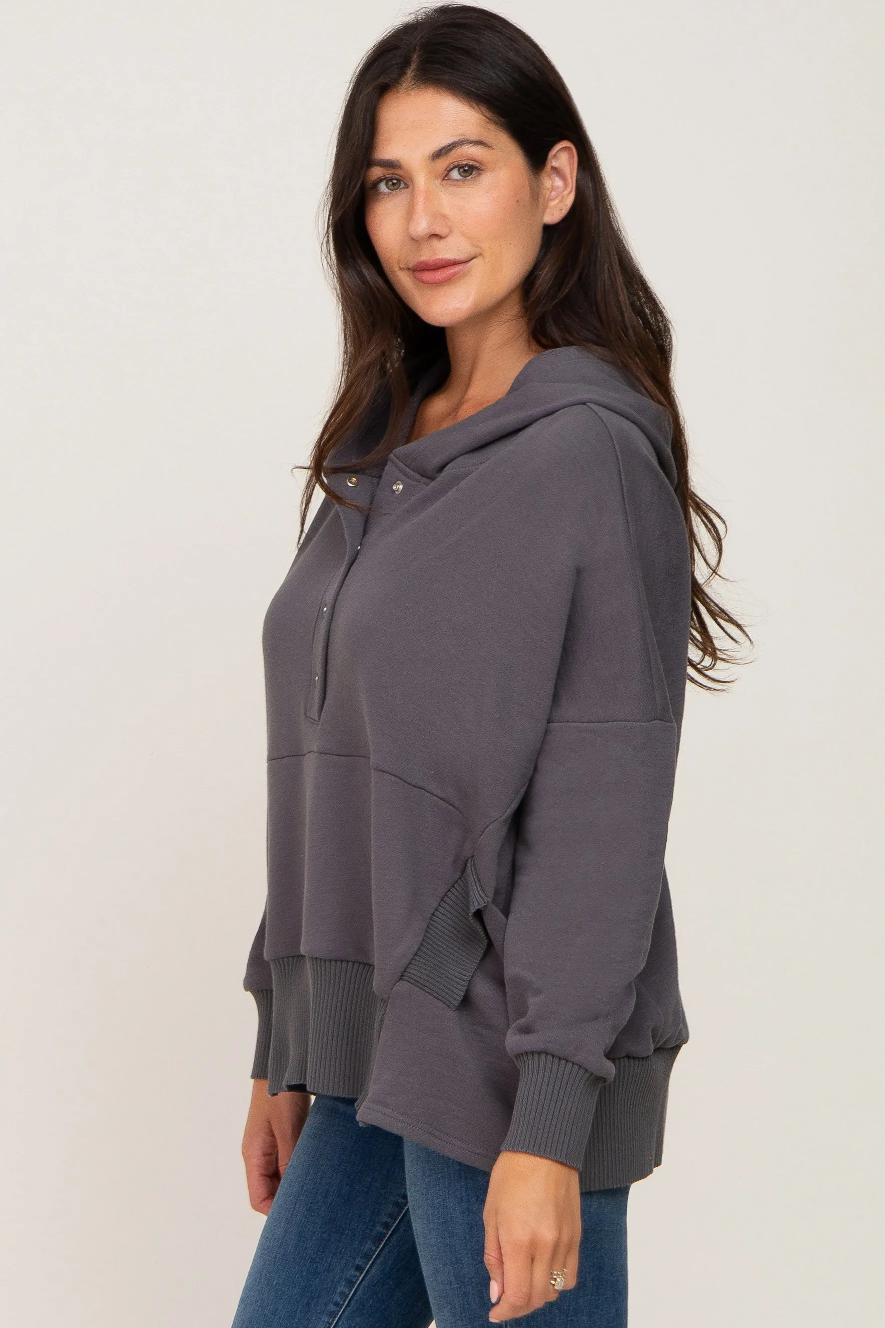 Charcoal Button Front Ribbed Trim Hooded Sweatshirt sold by Pinkblush product image thumbnail 2