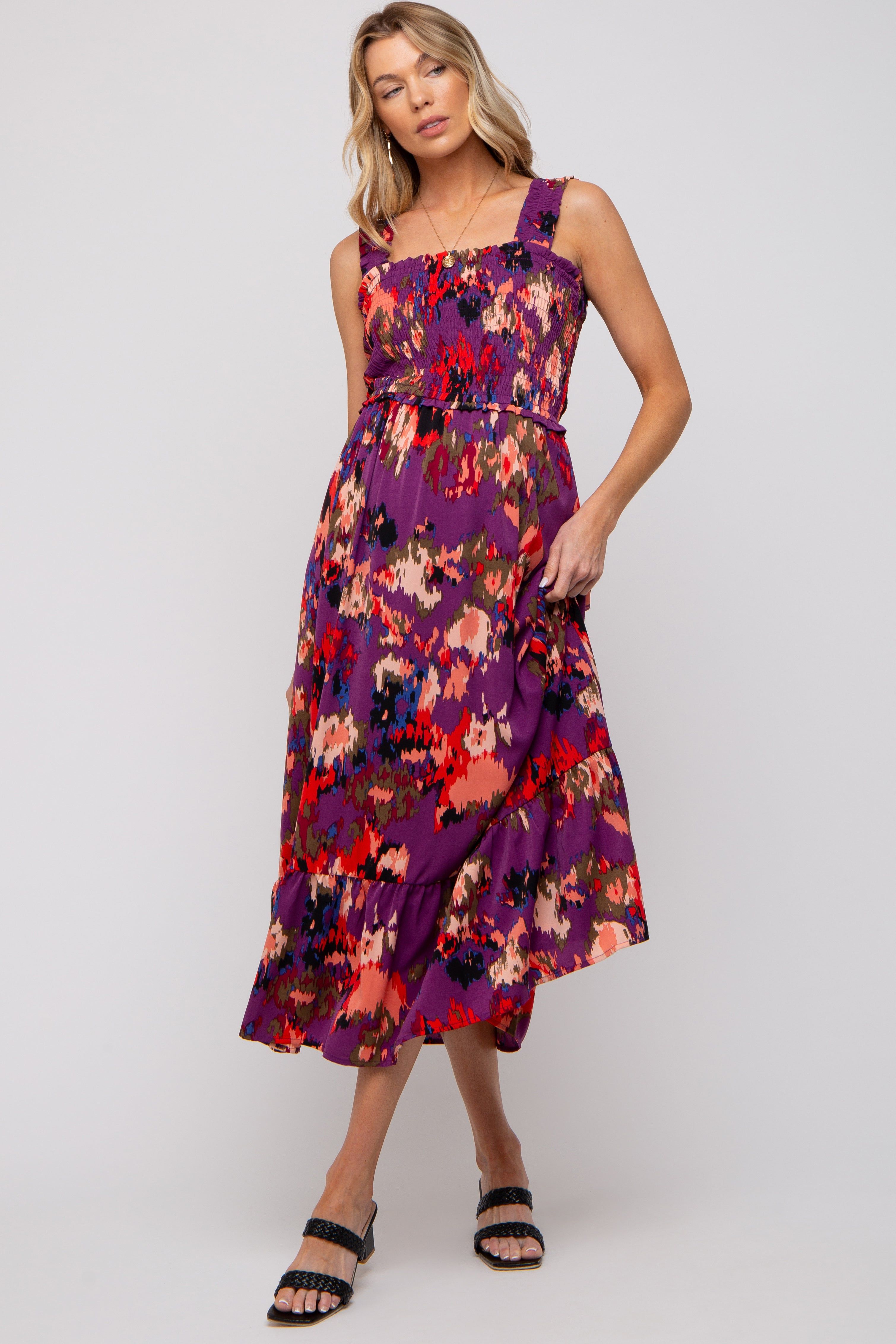 Plum Printed Smocked Maternity Midi Dress sold by Pinkblush