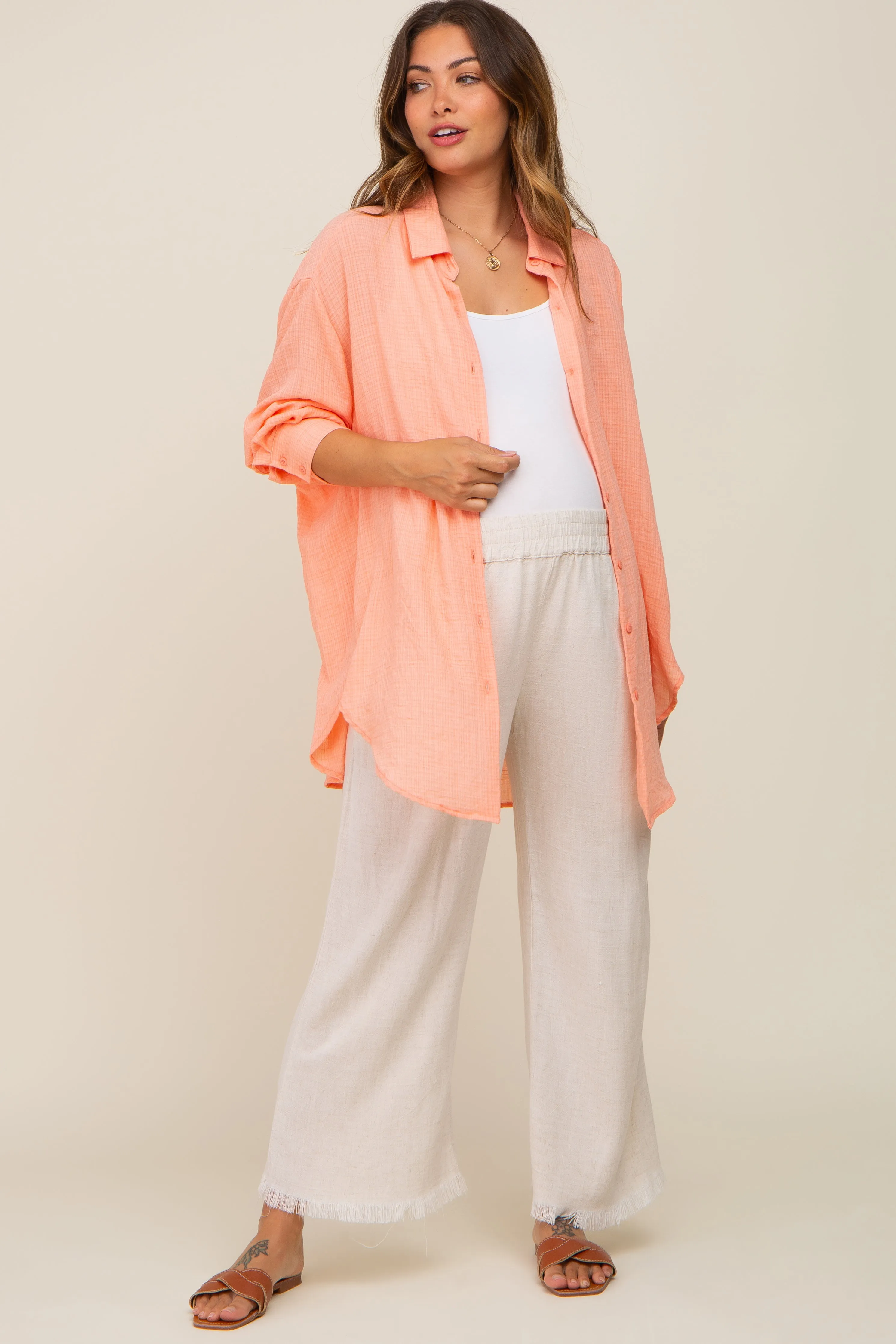 Peach Lightweight Sheer Button Down Maternity Blouse sold by Pinkblush product image thumbnail 5