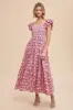 Magenta Floral Smocked Flutter Cap Sleeve Maternity Maxi Dress sold by Pinkblush
