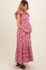 Magenta Floral Smocked Flutter Cap Sleeve Maternity Maxi Dress sold by Pinkblush