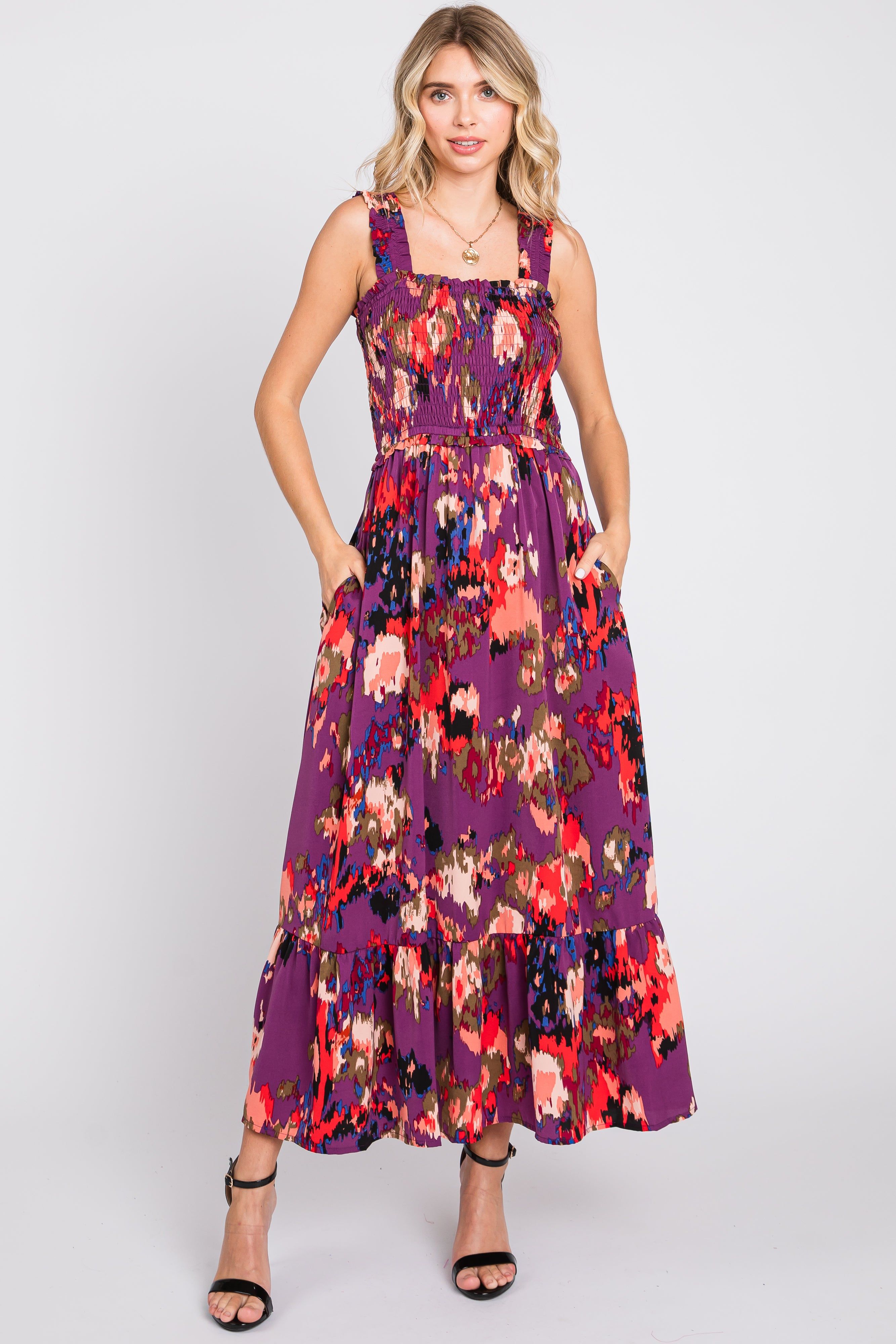 Plum Printed Smocked Maternity Midi Dress sold by Pinkblush product image thumbnail 5