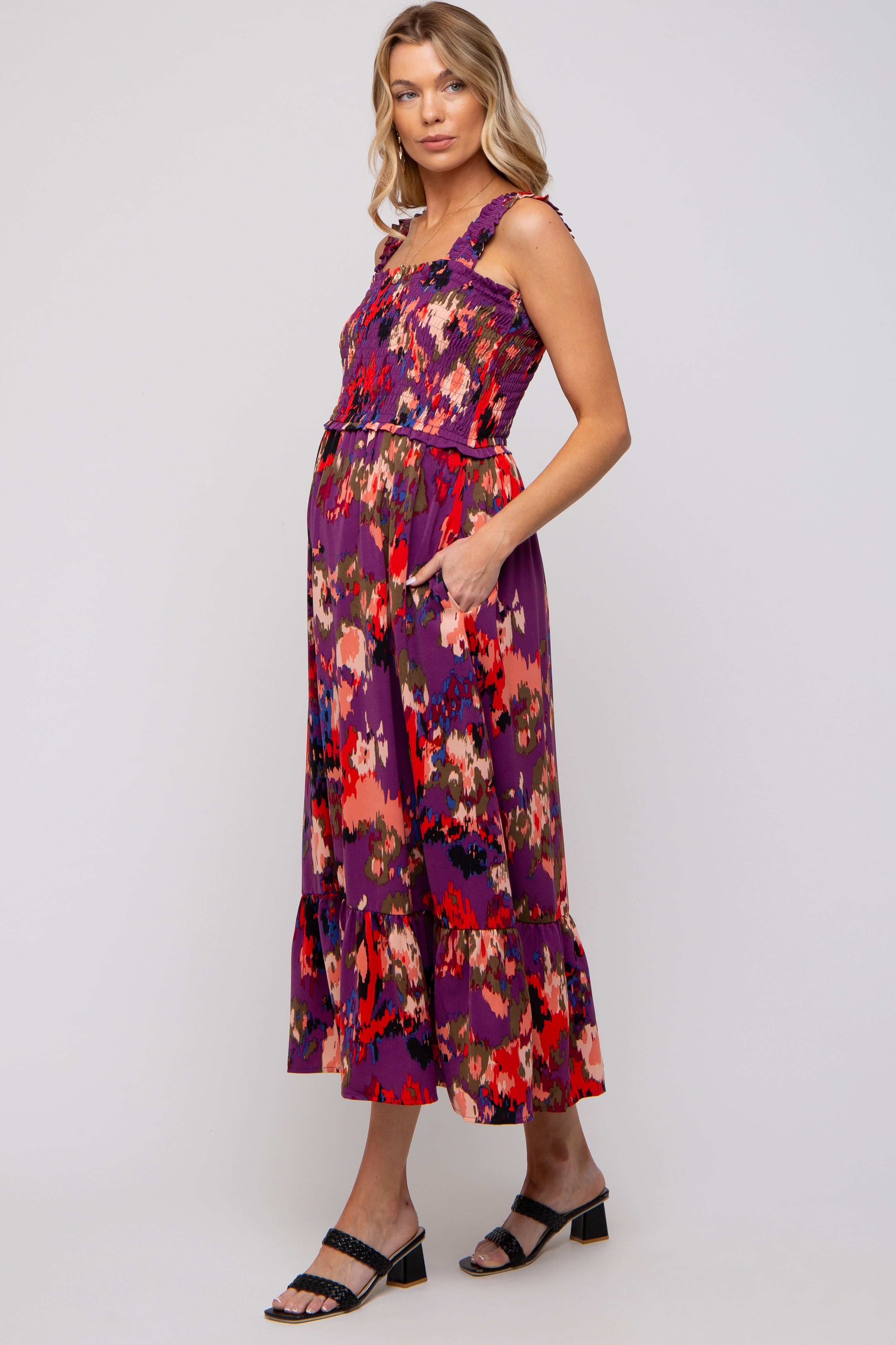 Plum Printed Smocked Maternity Midi Dress sold by Pinkblush product image thumbnail 2