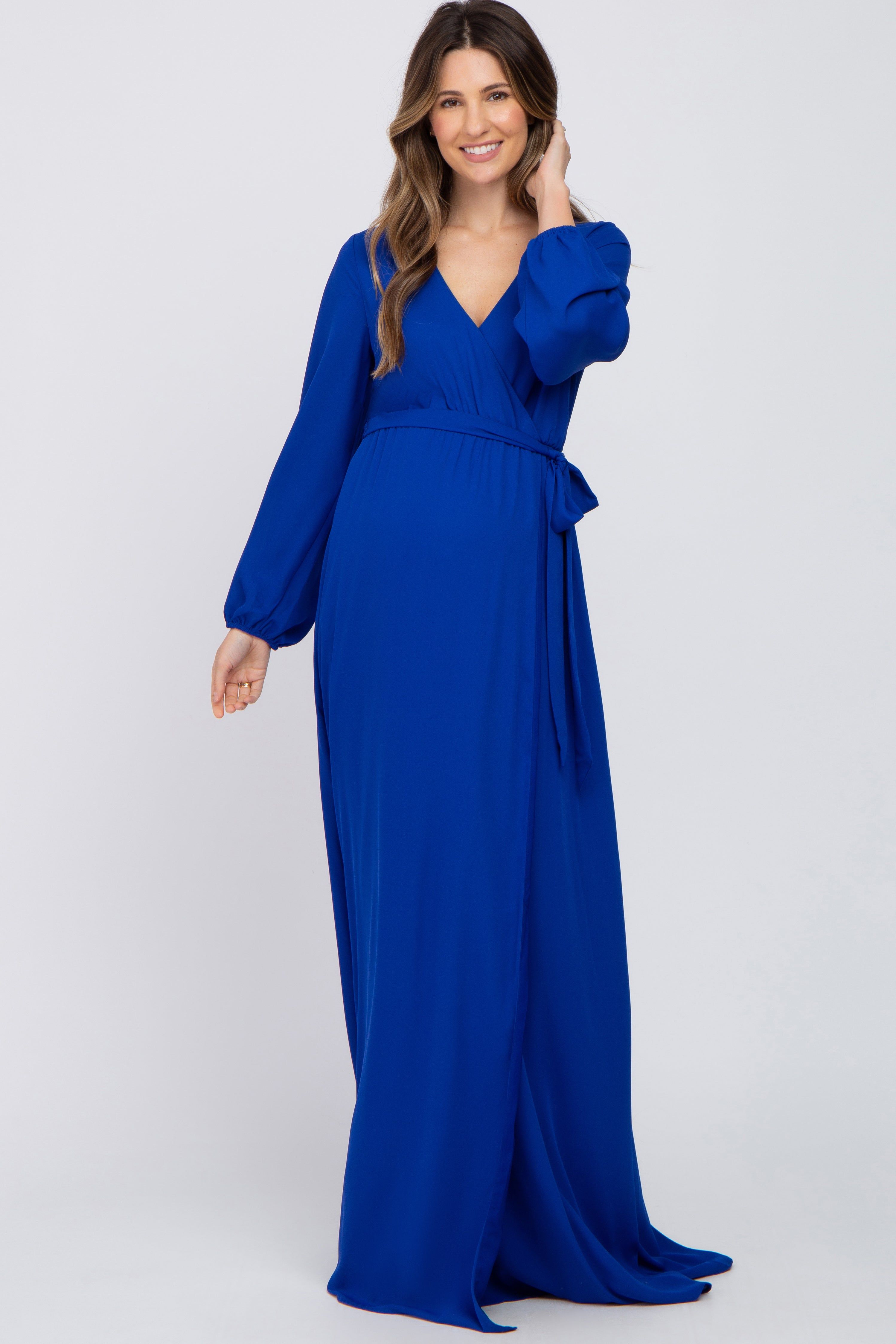 Royal Blue Wrap Front Chiffon Maternity Gown sold by Pinkblush