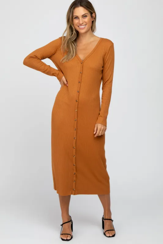 Rust Ribbed Button Front Midi Cardigan Dress sold by Pinkblush