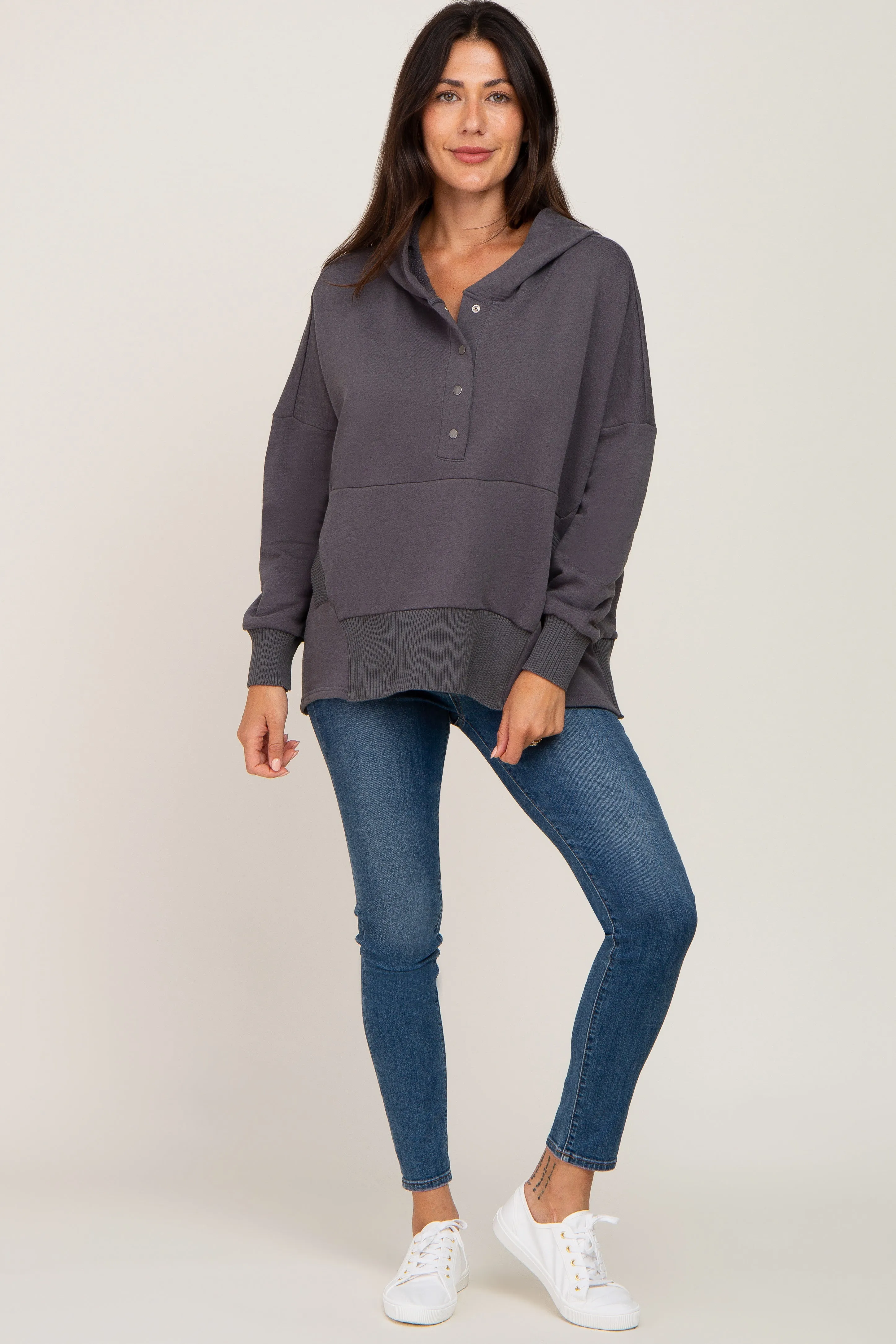 Charcoal Button Front Ribbed Trim Hooded Sweatshirt sold by Pinkblush product image thumbnail 4