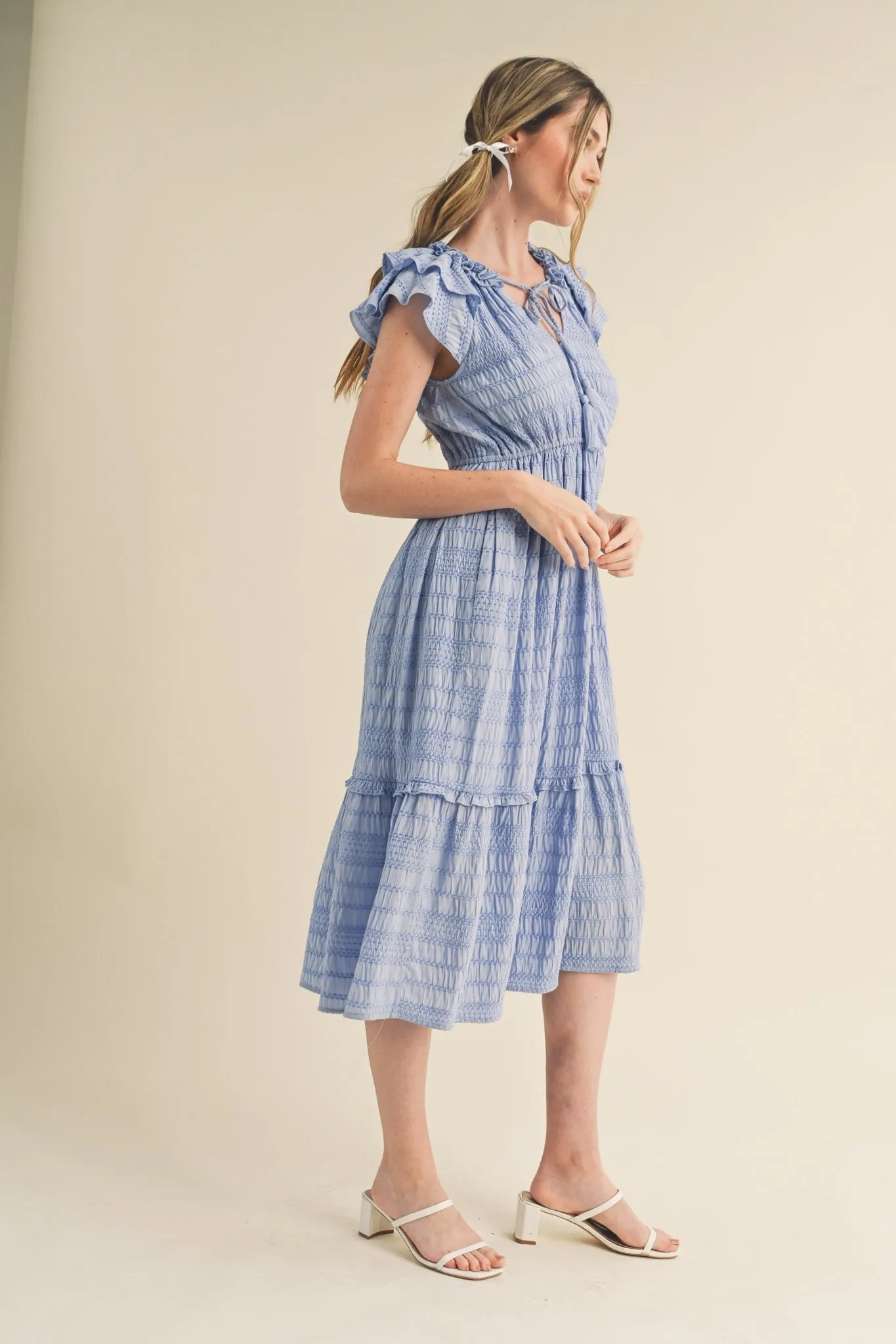 Chambray Blue Tie Front Ruffle Sleeve Midi Dress sold by Pinkblush product image thumbnail 2