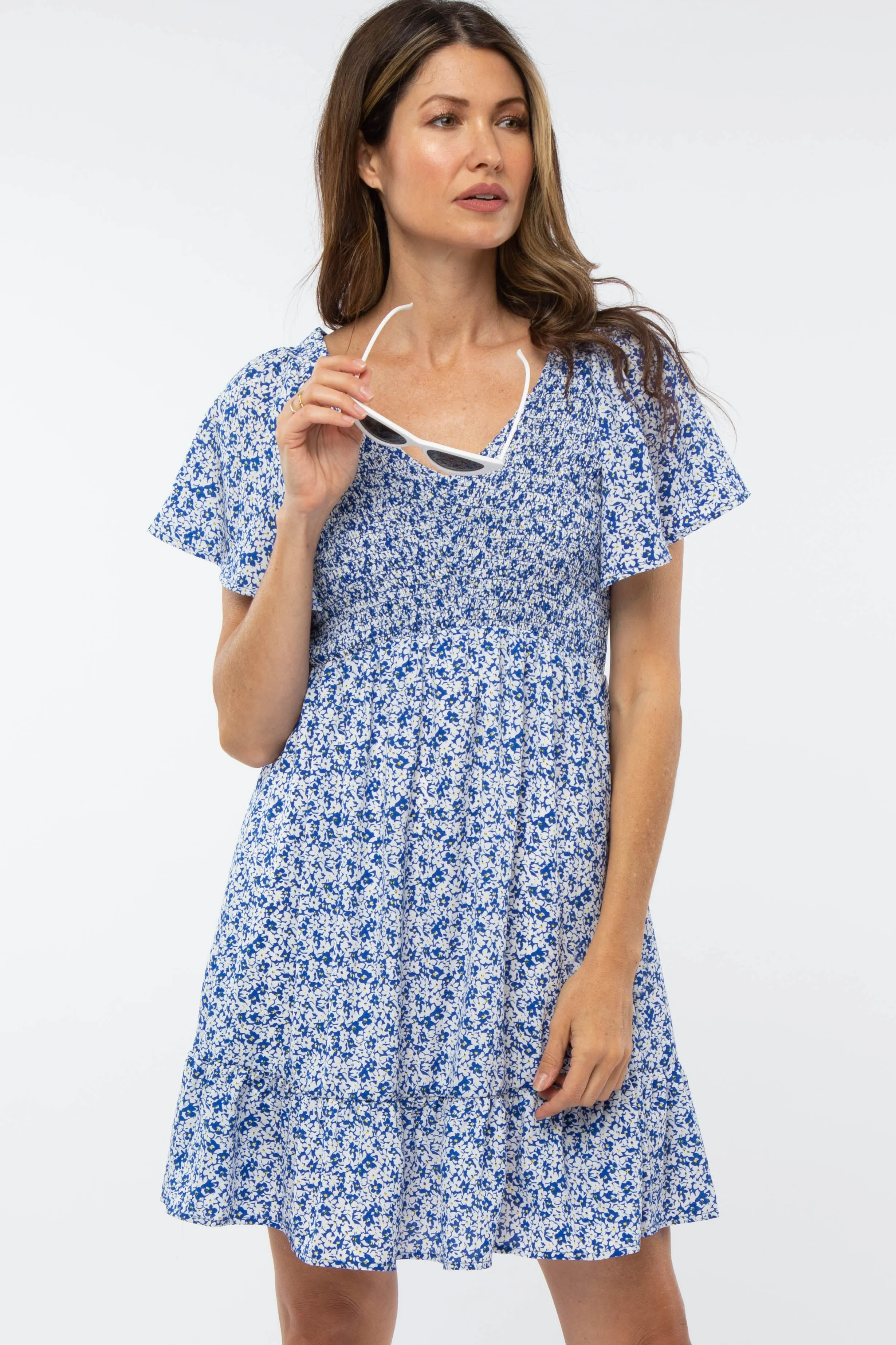 Royal Blue Floral Smocked V-Neck Dress sold by Pinkblush product image thumbnail 5