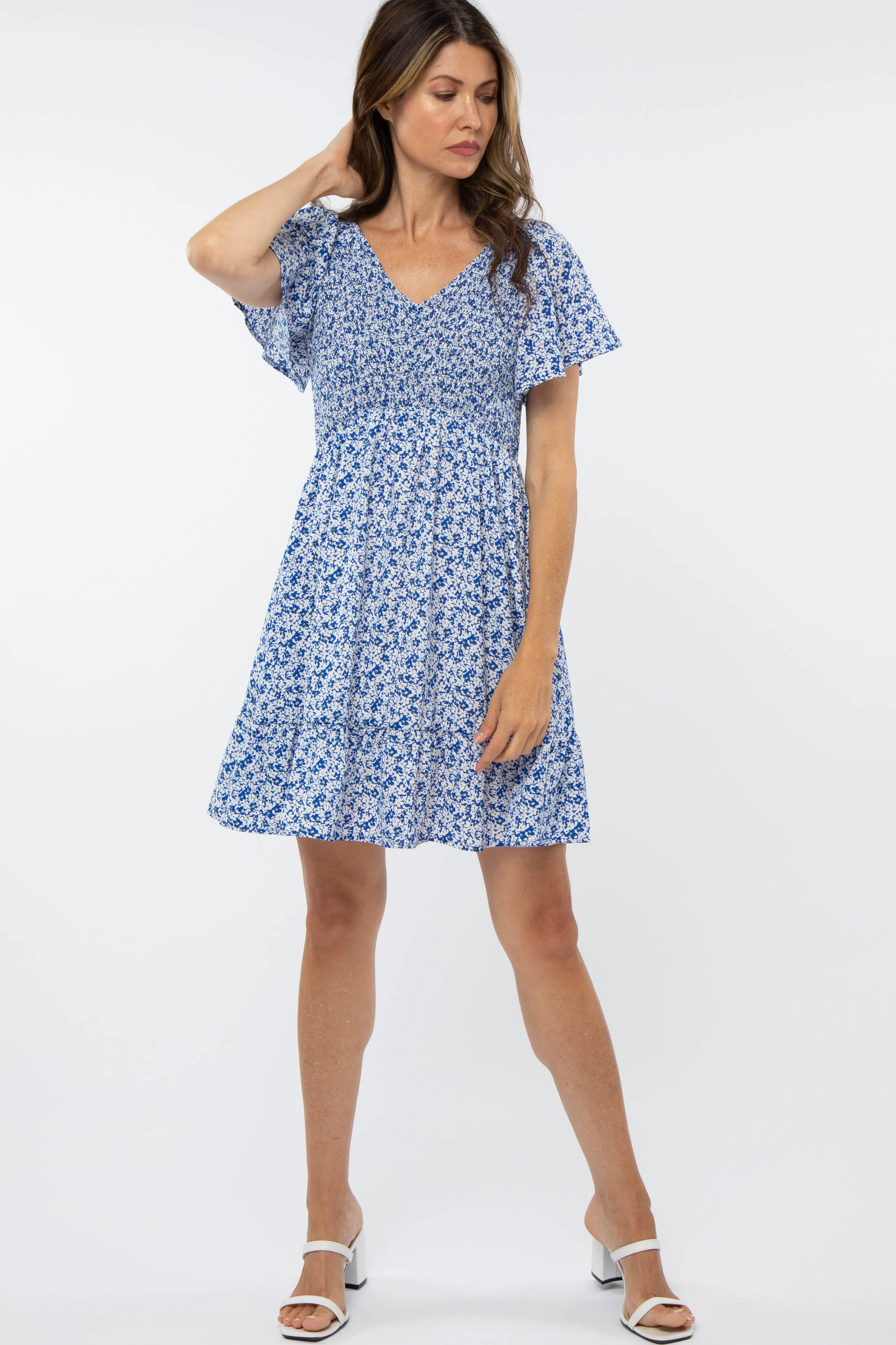 Royal Blue Floral Smocked V-Neck Dress sold by Pinkblush product image thumbnail 2