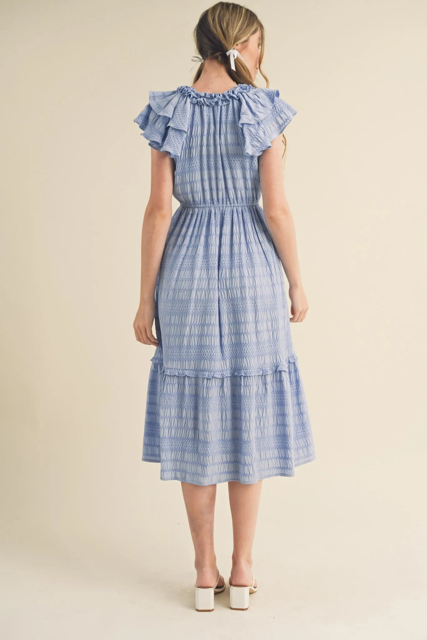Chambray Blue Tie Front Ruffle Sleeve Midi Dress sold by Pinkblush product image thumbnail 3