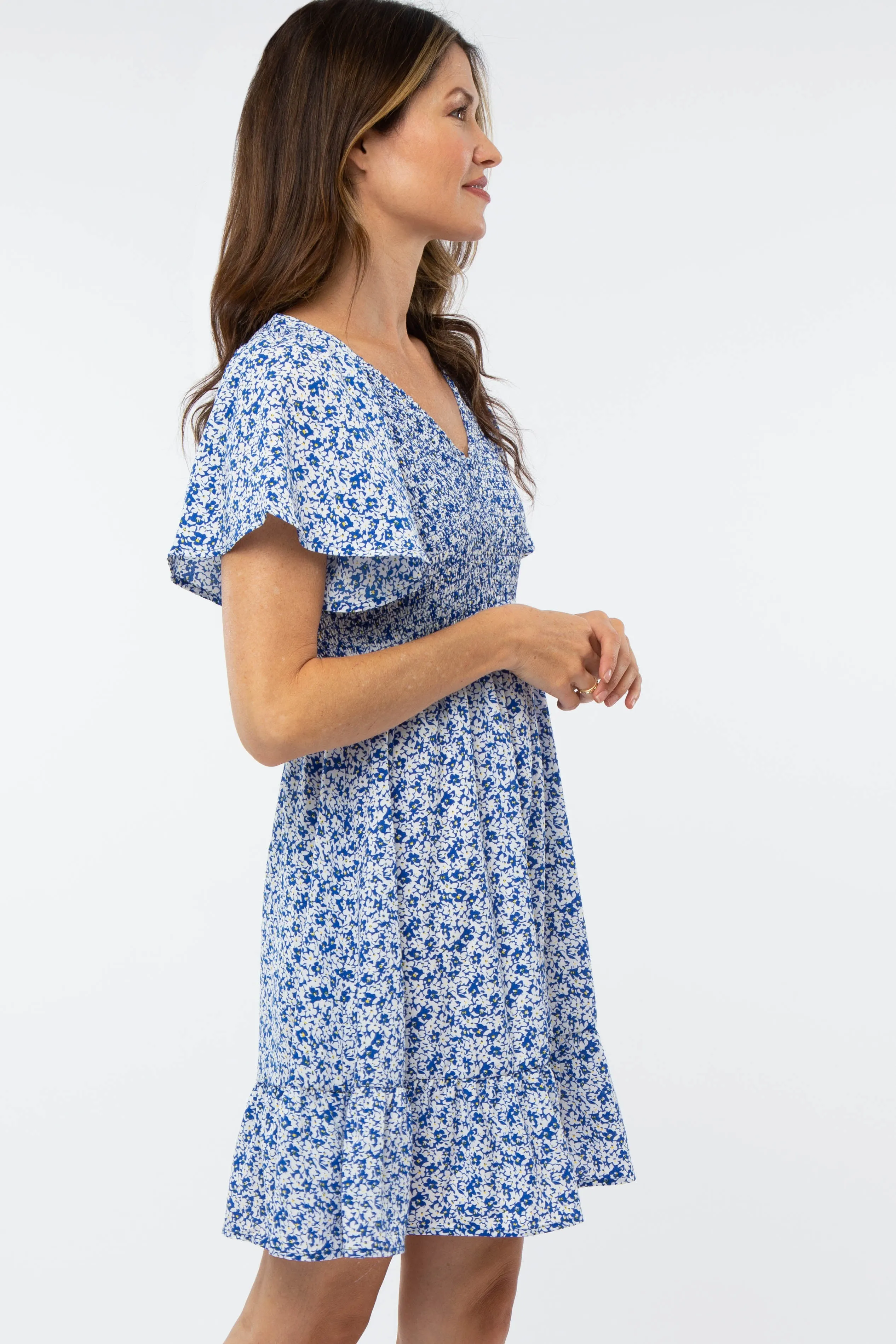 Royal Blue Floral Smocked V-Neck Dress sold by Pinkblush product image thumbnail 3