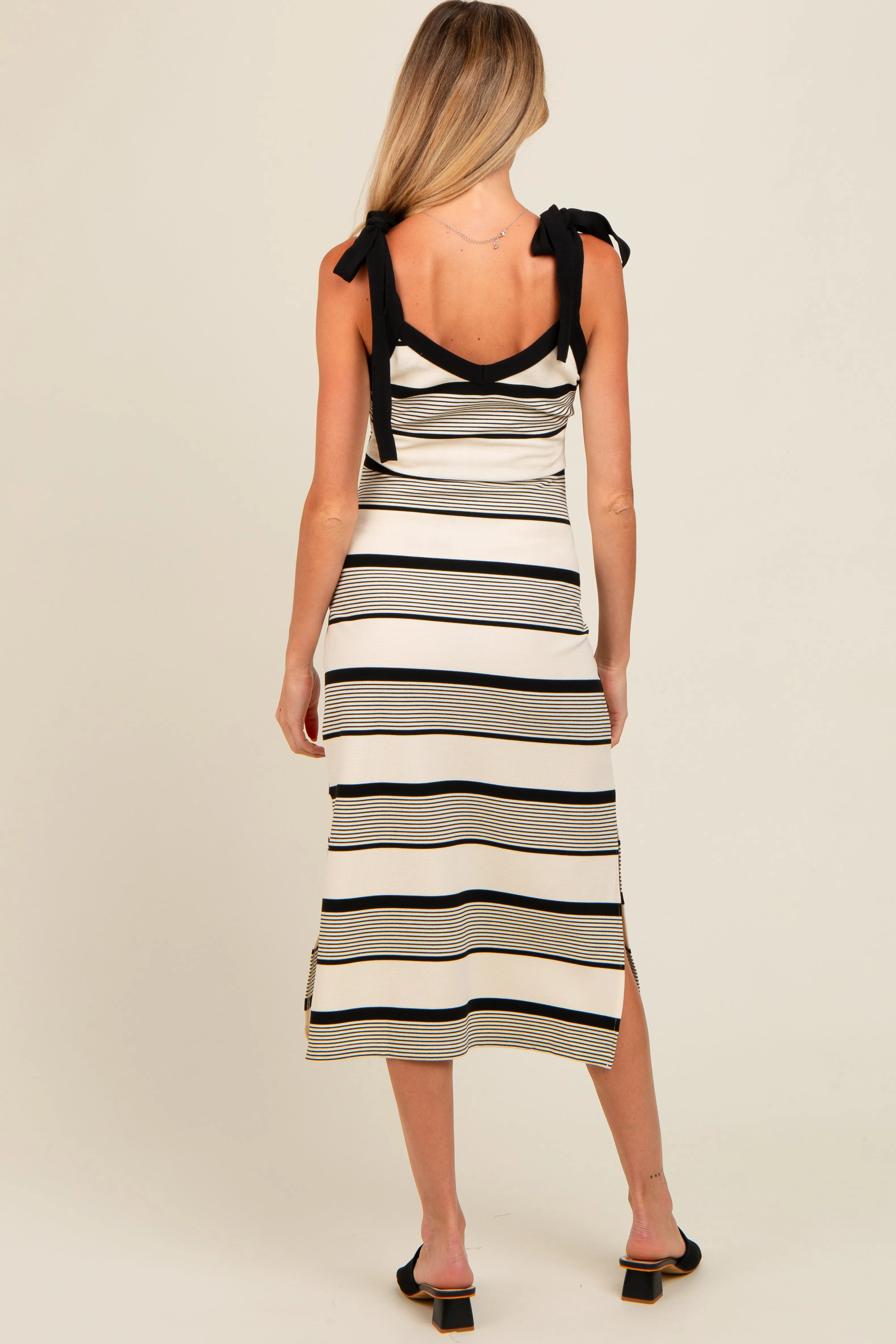 Cream Striped Shoulder Tie Side Slit Maternity Midi Dress sold by Pinkblush product image thumbnail 3