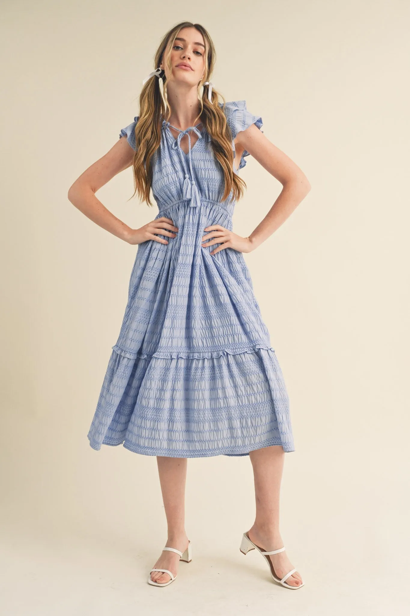 Chambray Blue Tie Front Ruffle Sleeve Midi Dress sold by Pinkblush