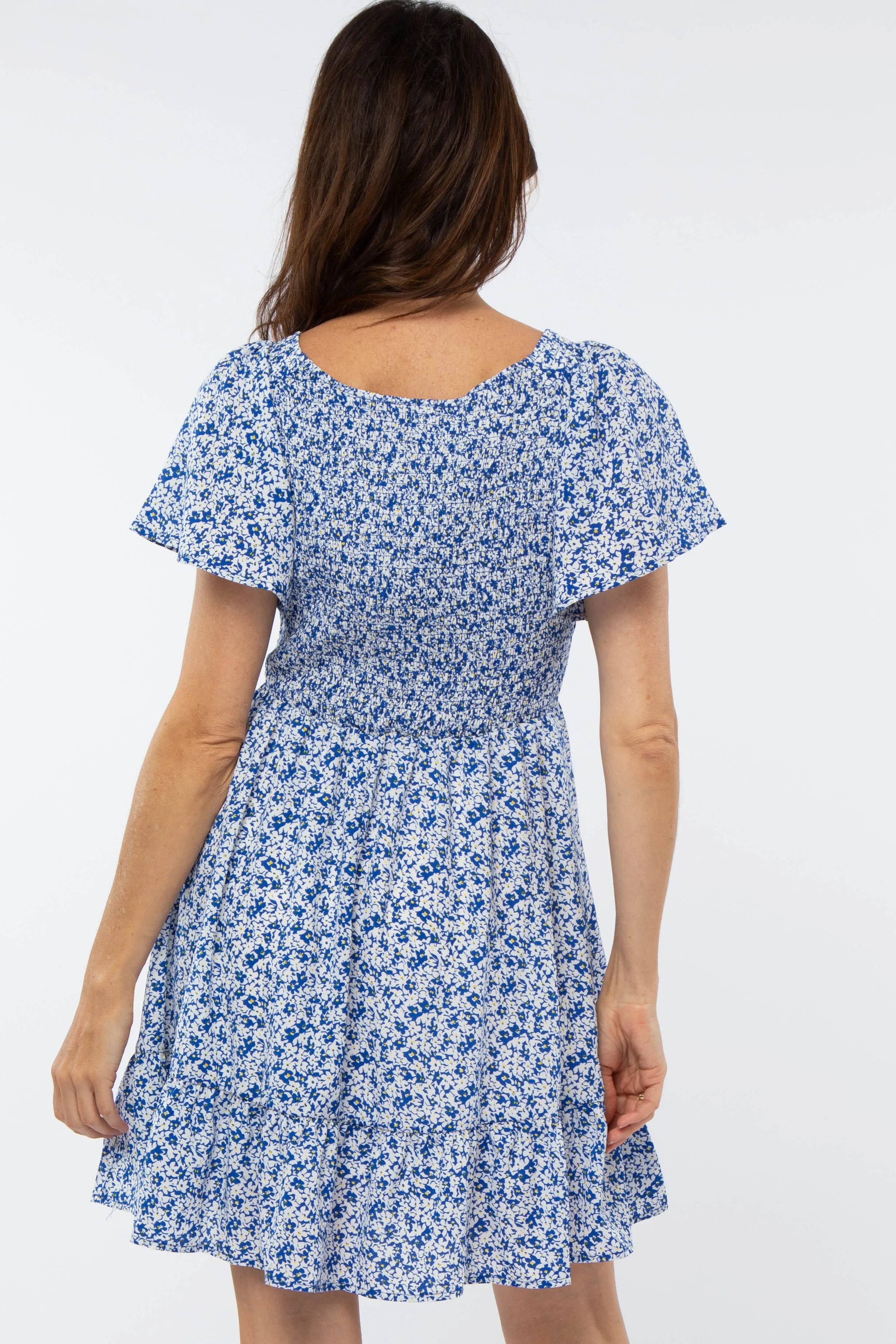 Royal Blue Floral Smocked V-Neck Dress sold by Pinkblush product image thumbnail 4