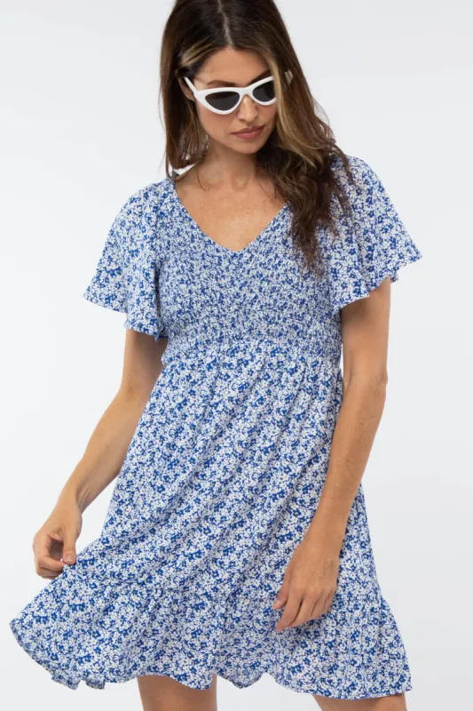 Royal Blue Floral Smocked V-Neck Dress sold by Pinkblush