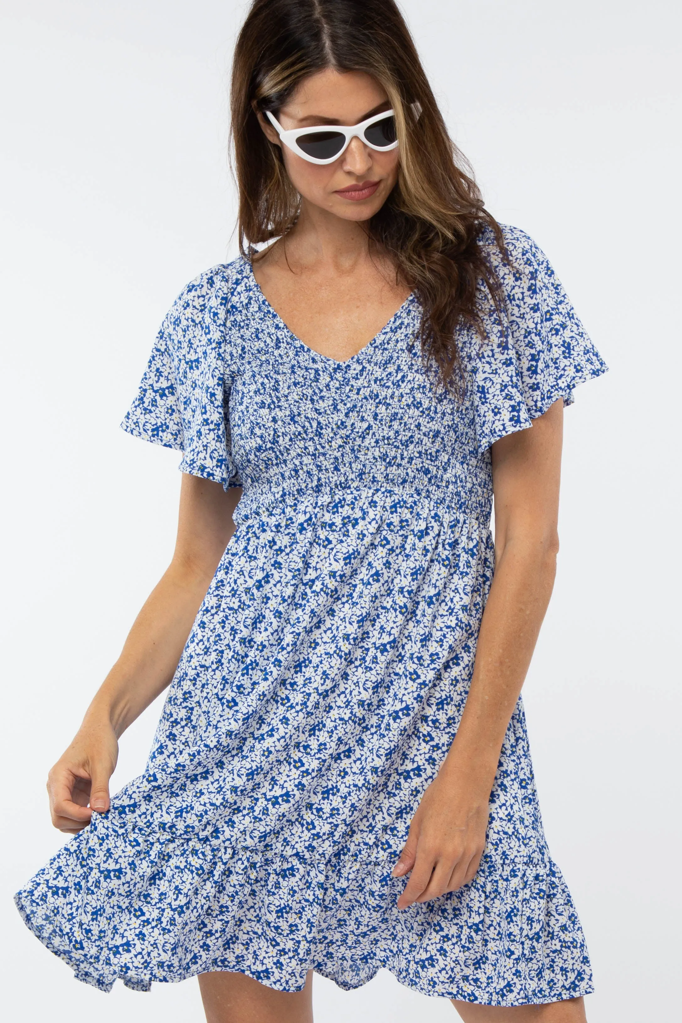 Royal Blue Floral Smocked V-Neck Dress sold by Pinkblush