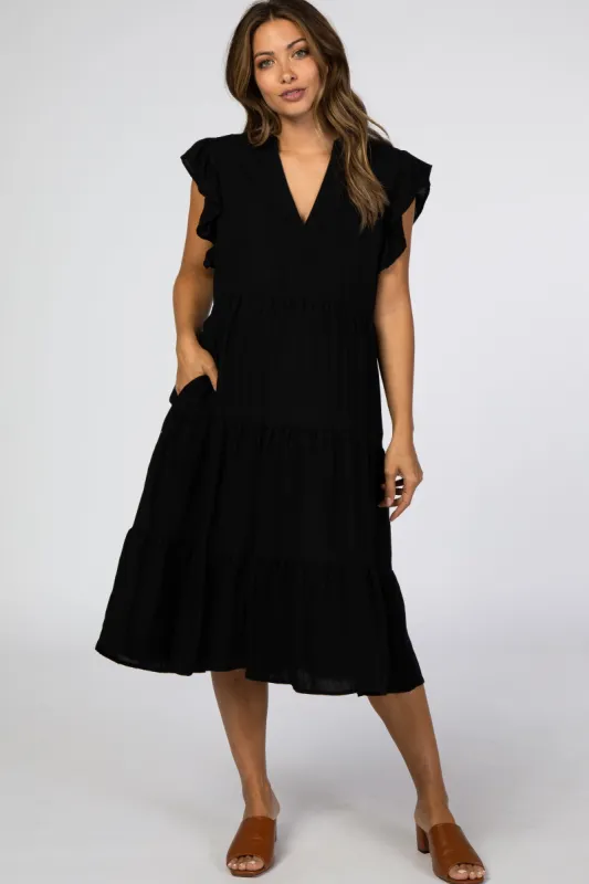 Black Tiered Ruffle Sleeve Maternity Midi Dress sold by Pinkblush