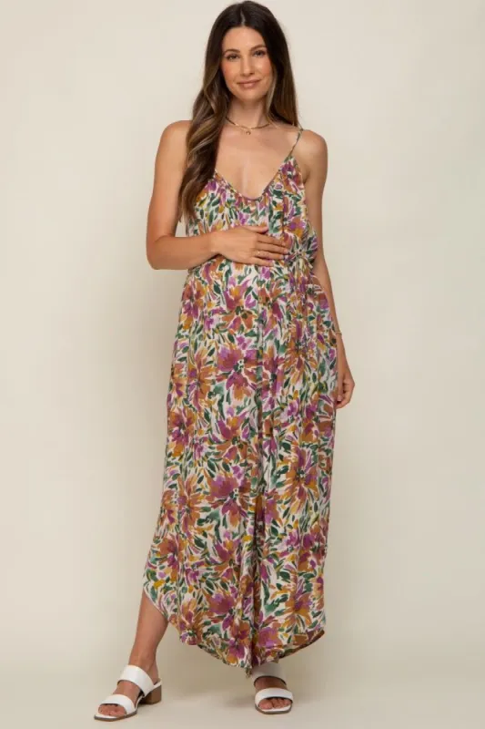 Violet Floral Sleeveless Maternity Jumpsuit sold by Pinkblush