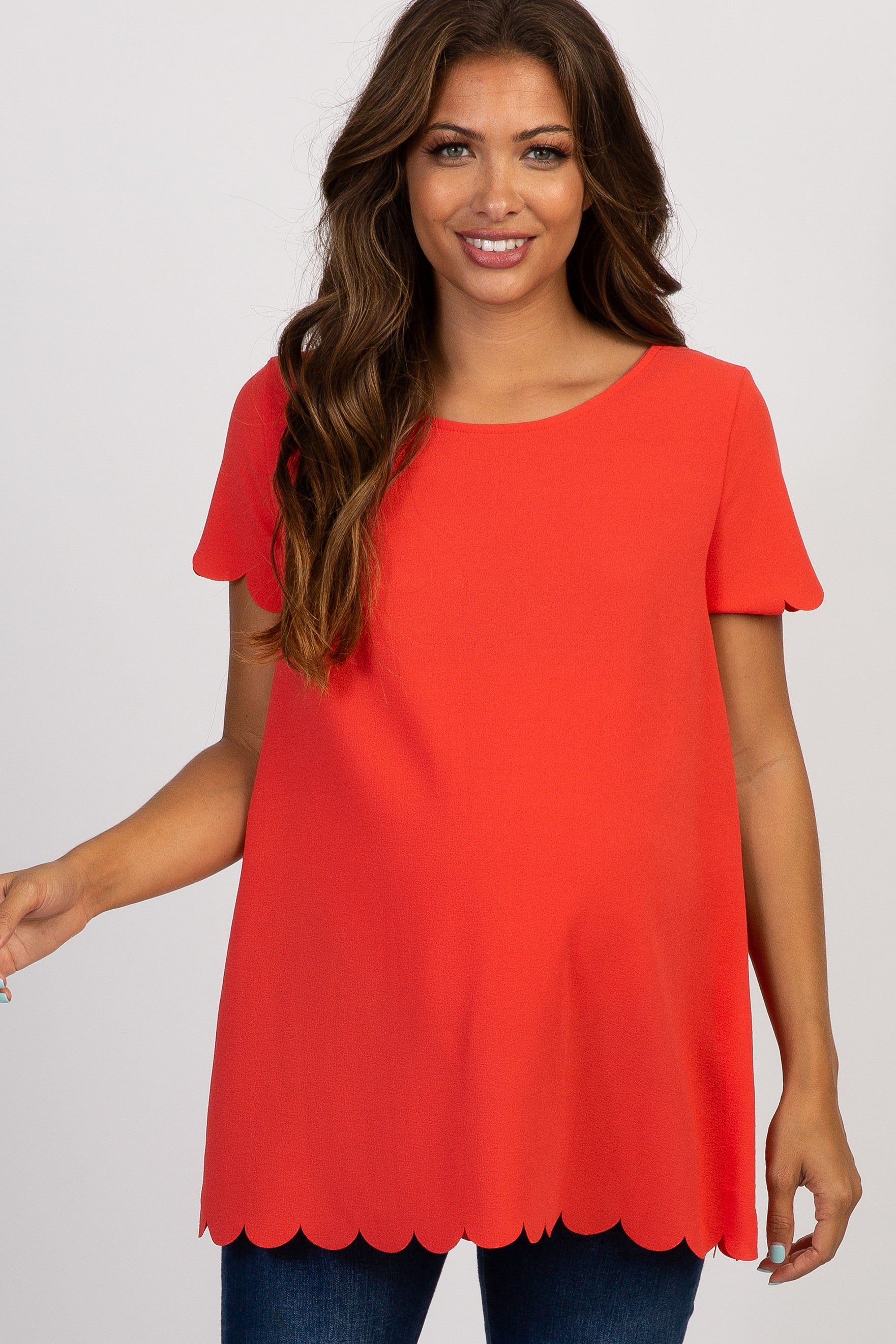 PinkBlush Coral Solid Scalloped Hem Maternity Top sold by Pinkblush