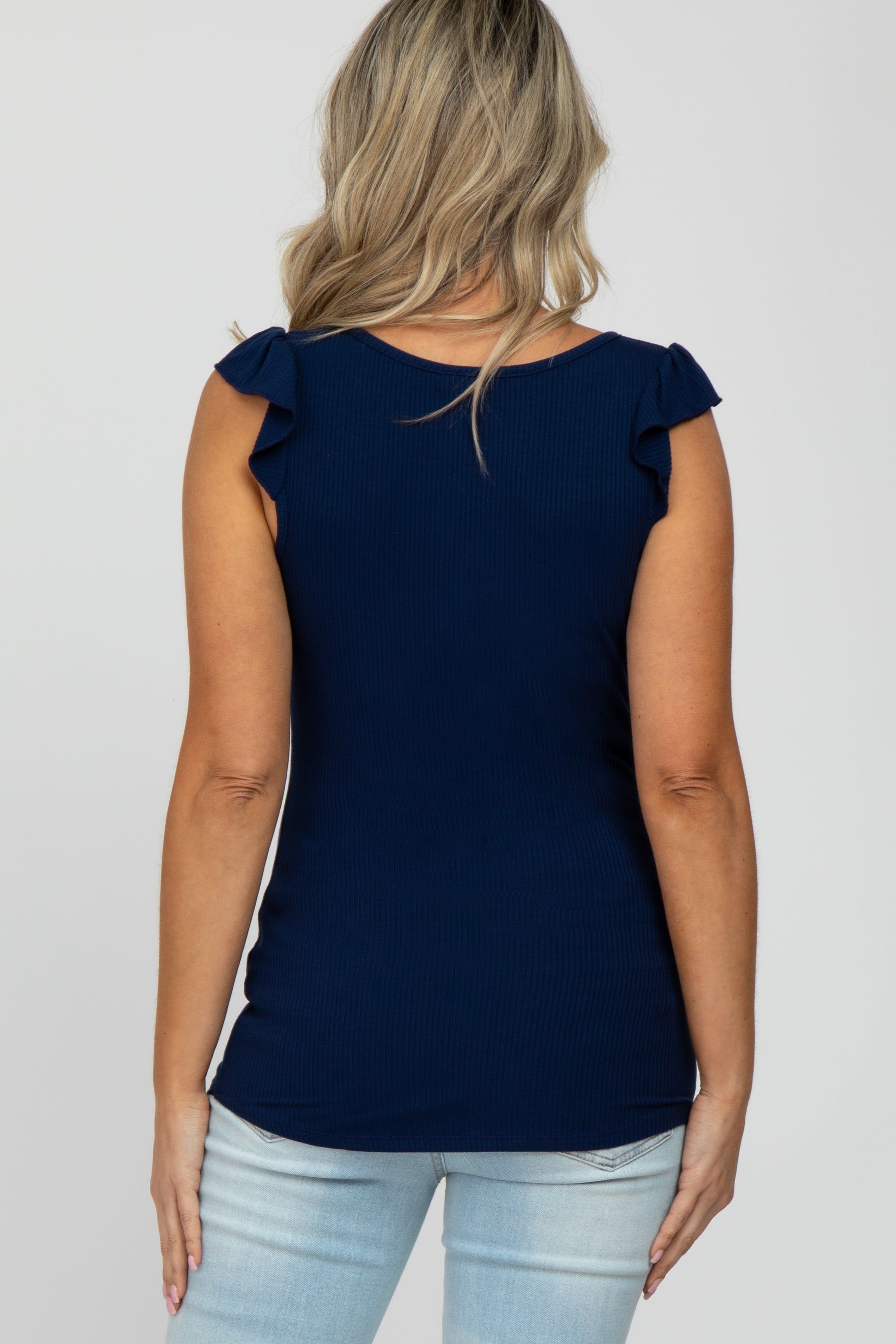 Navy Blue Ribbed Ruffle Shoulder Maternity Tank Top sold by Pinkblush product image thumbnail 4