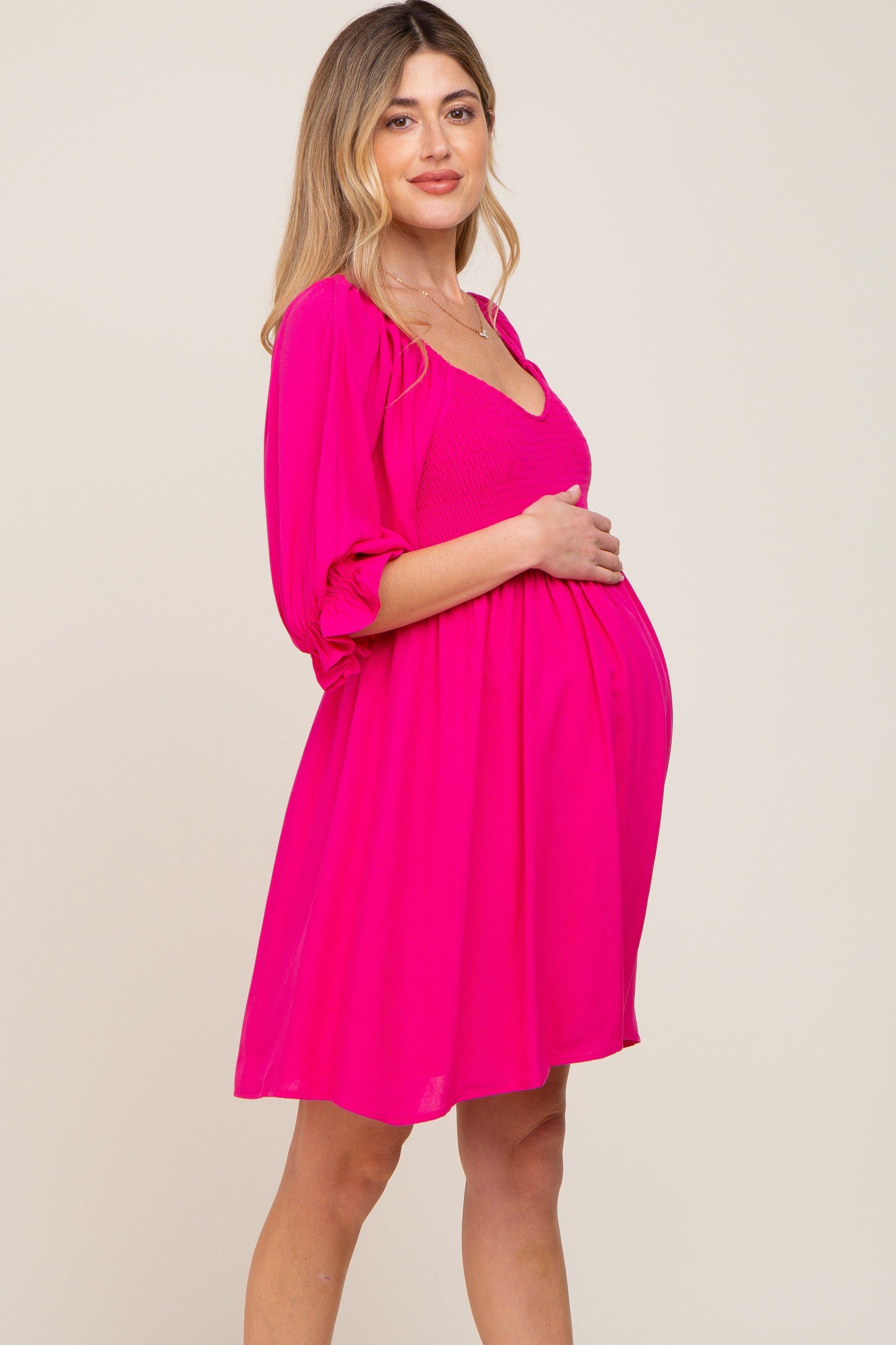 Fuchsia Smocked Puff Sleeve Maternity Dress sold by Pinkblush product image thumbnail 2